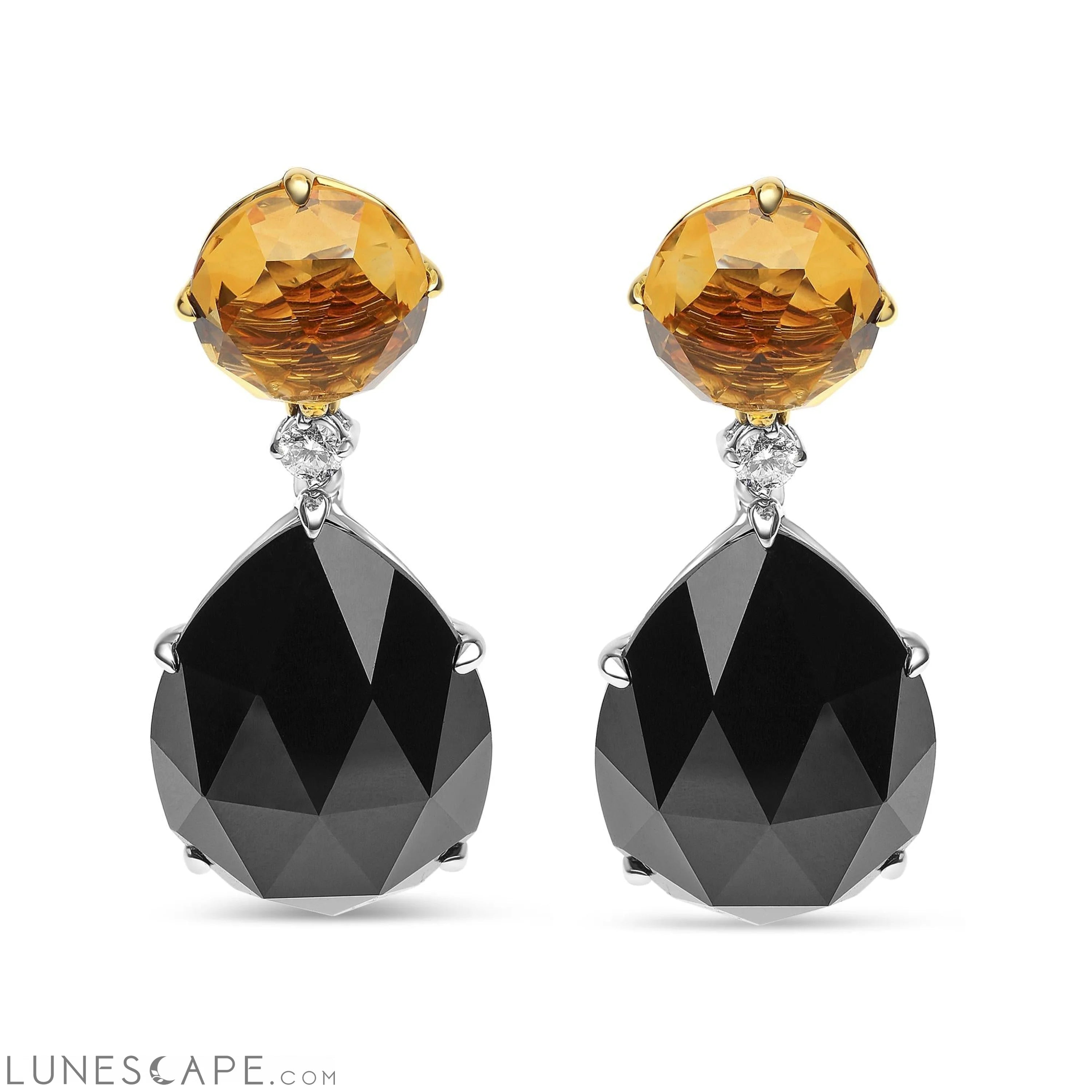 18K White and Yellow Gold 1/5 Cttw Diamond With Round Yellow Citrine and 20x15mm Pear Cut Black Onyx Dangle Earrings LUNESCAPE