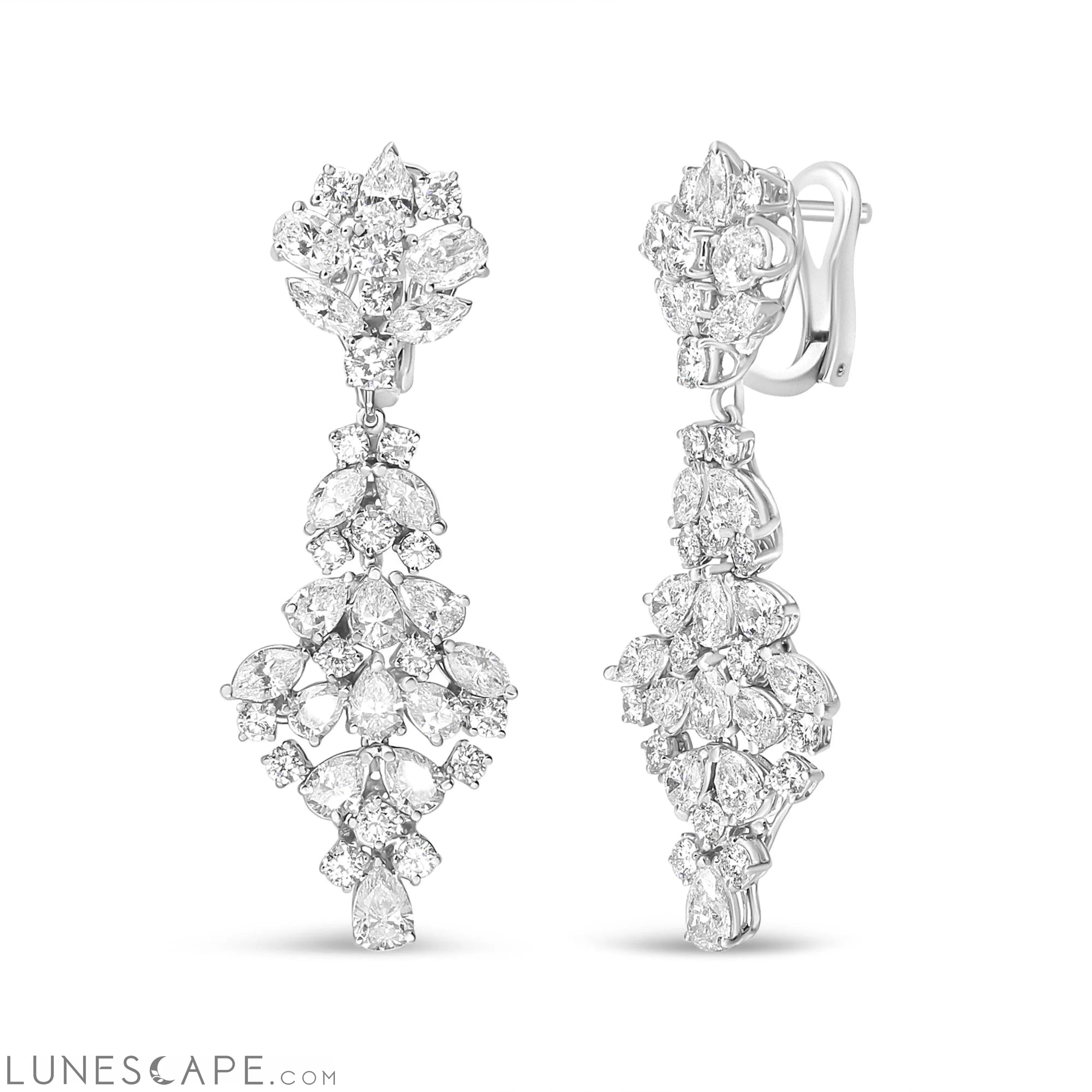18K White Gold 9 1/2 Cttw Diamond Cluster Drop Dangle Clip-On Earrings (F-G Color, VS1-VS2 Clarity) LUNESCAPE