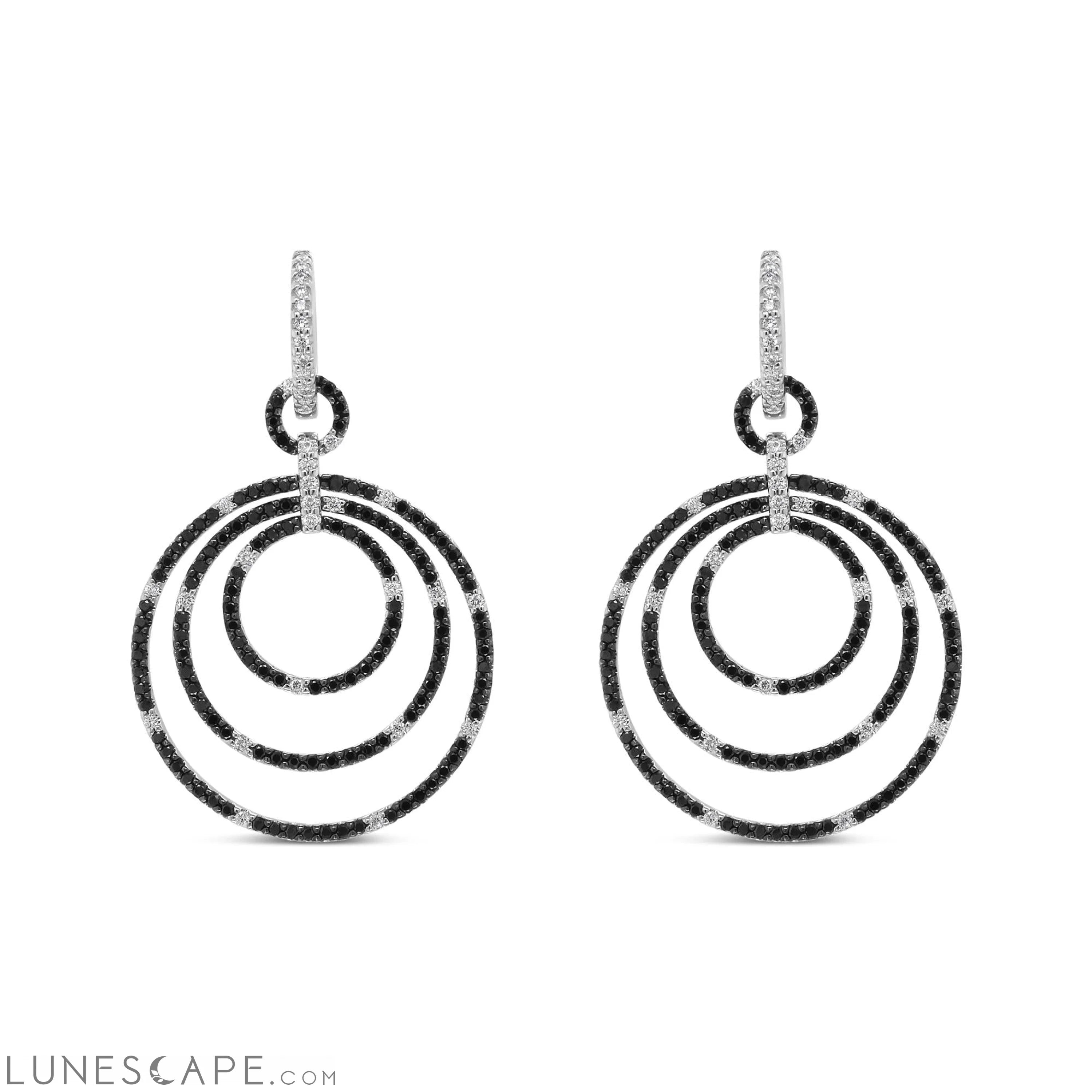 18K White Gold Round 2 1/3 Cttw Black and White Diamond Graduated Hoop Dangle Earrings (Black and F-G Color, VS1-VS2 Clarity) LUNESCAPE