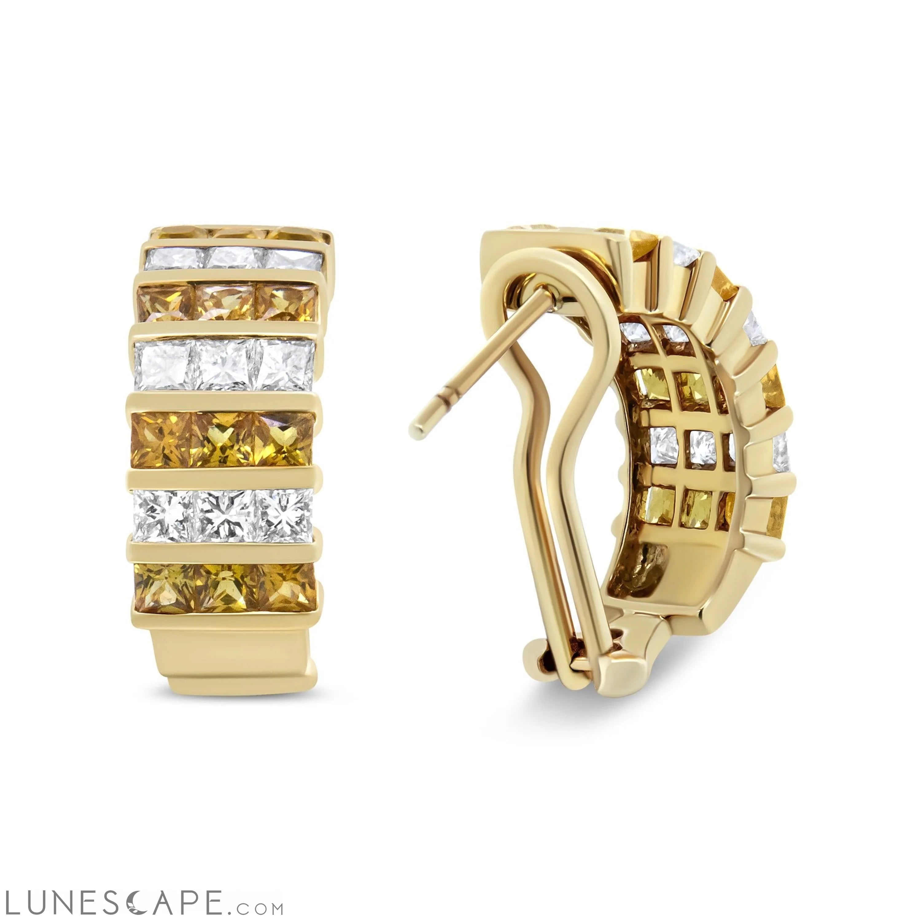 18K Yellow Gold 1 3/4 Cttw Invisible Set Princess Cut Diamond and 2.5mm Yellow Sapphire Huggie Hoop Earrings (F-G Color) LUNESCAPE