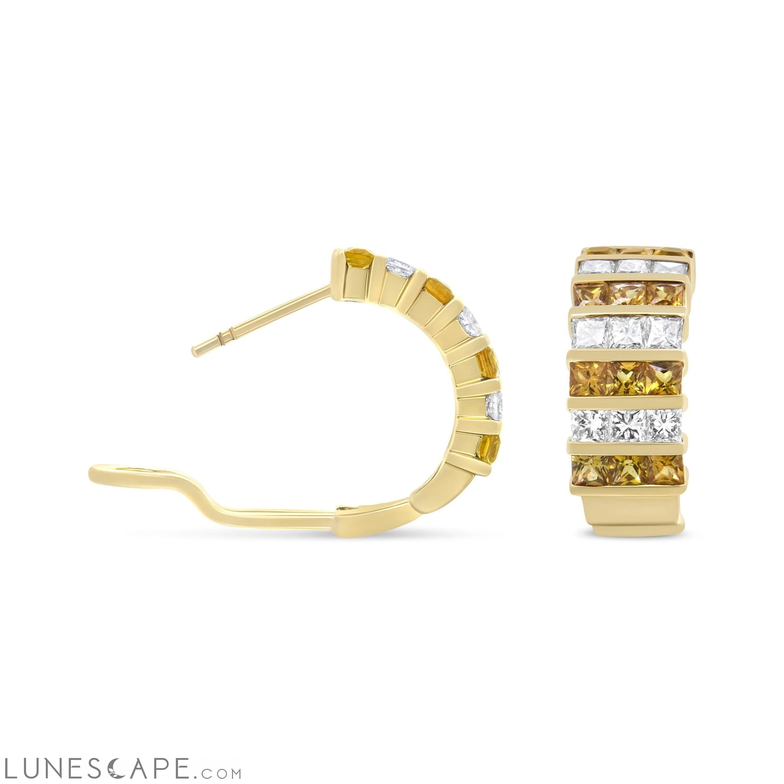 18K Yellow Gold 1 3/4 Cttw Invisible Set Princess Cut Diamond and 2.5mm Yellow Sapphire Huggie Hoop Earrings (F-G Color) LUNESCAPE