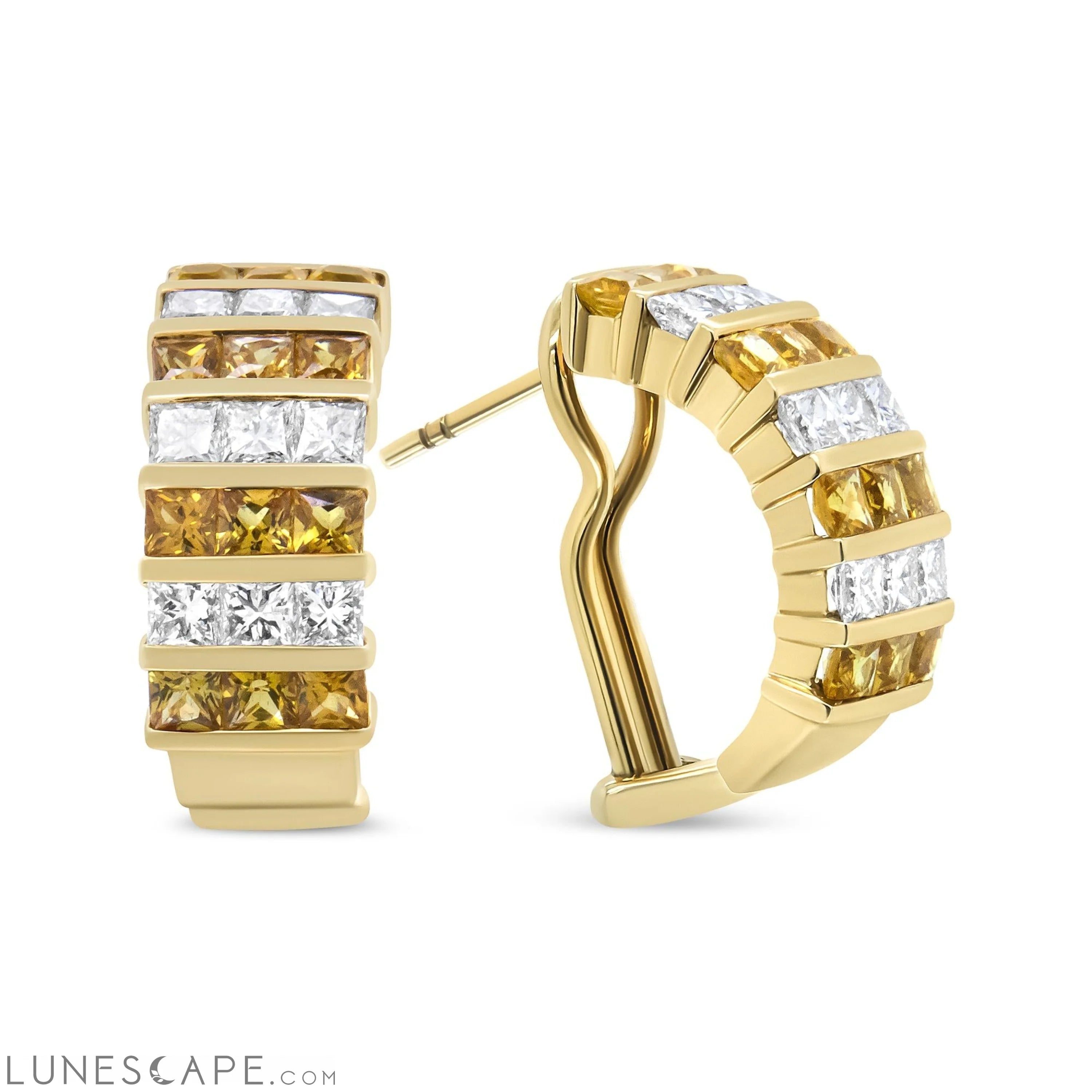 18K Yellow Gold 1 3/4 Cttw Invisible Set Princess Cut Diamond and 2.5mm Yellow Sapphire Huggie Hoop Earrings (F-G Color) LUNESCAPE