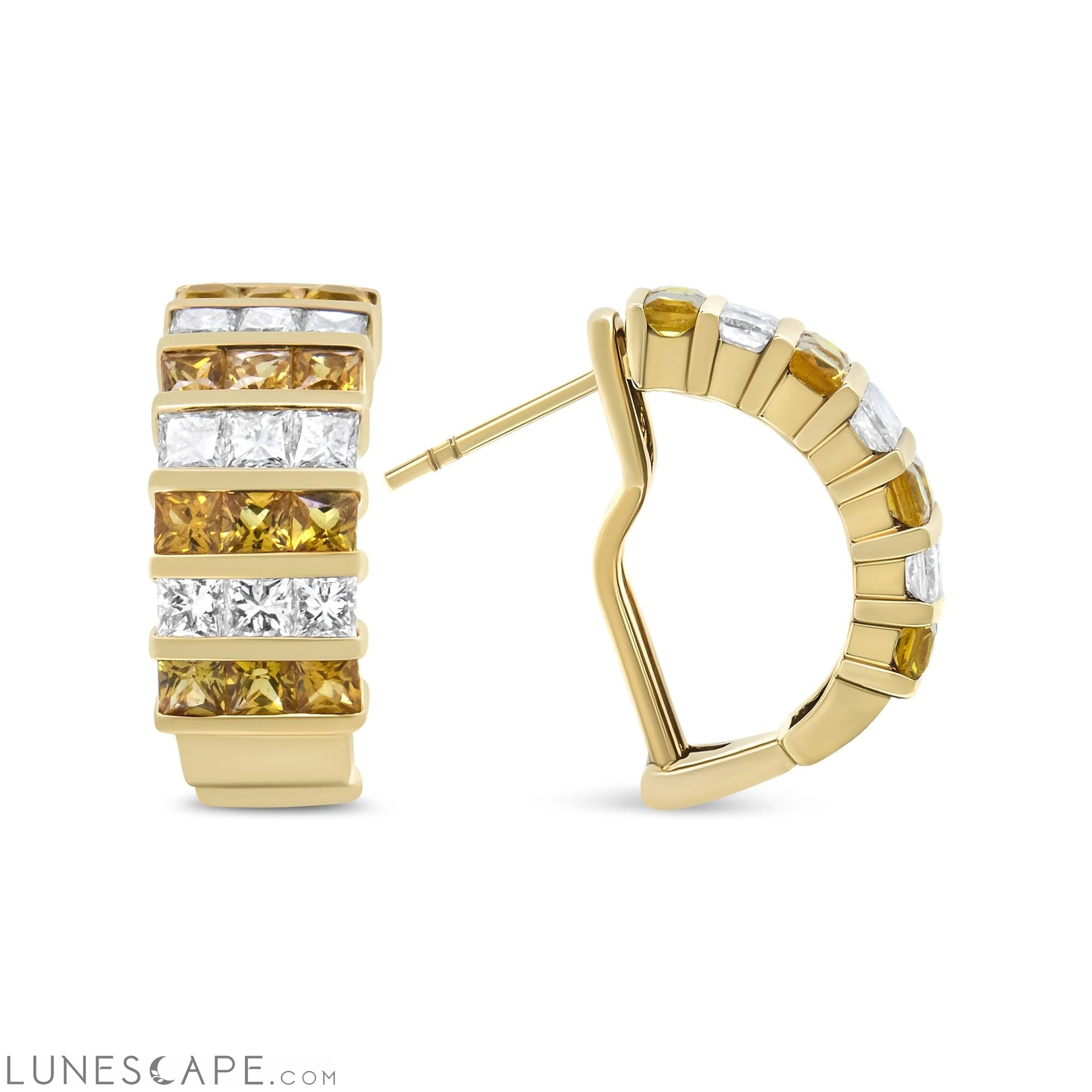 18K Yellow Gold 1 3/4 Cttw Invisible Set Princess Cut Diamond and 2.5mm Yellow Sapphire Huggie Hoop Earrings (F-G Color) LUNESCAPE