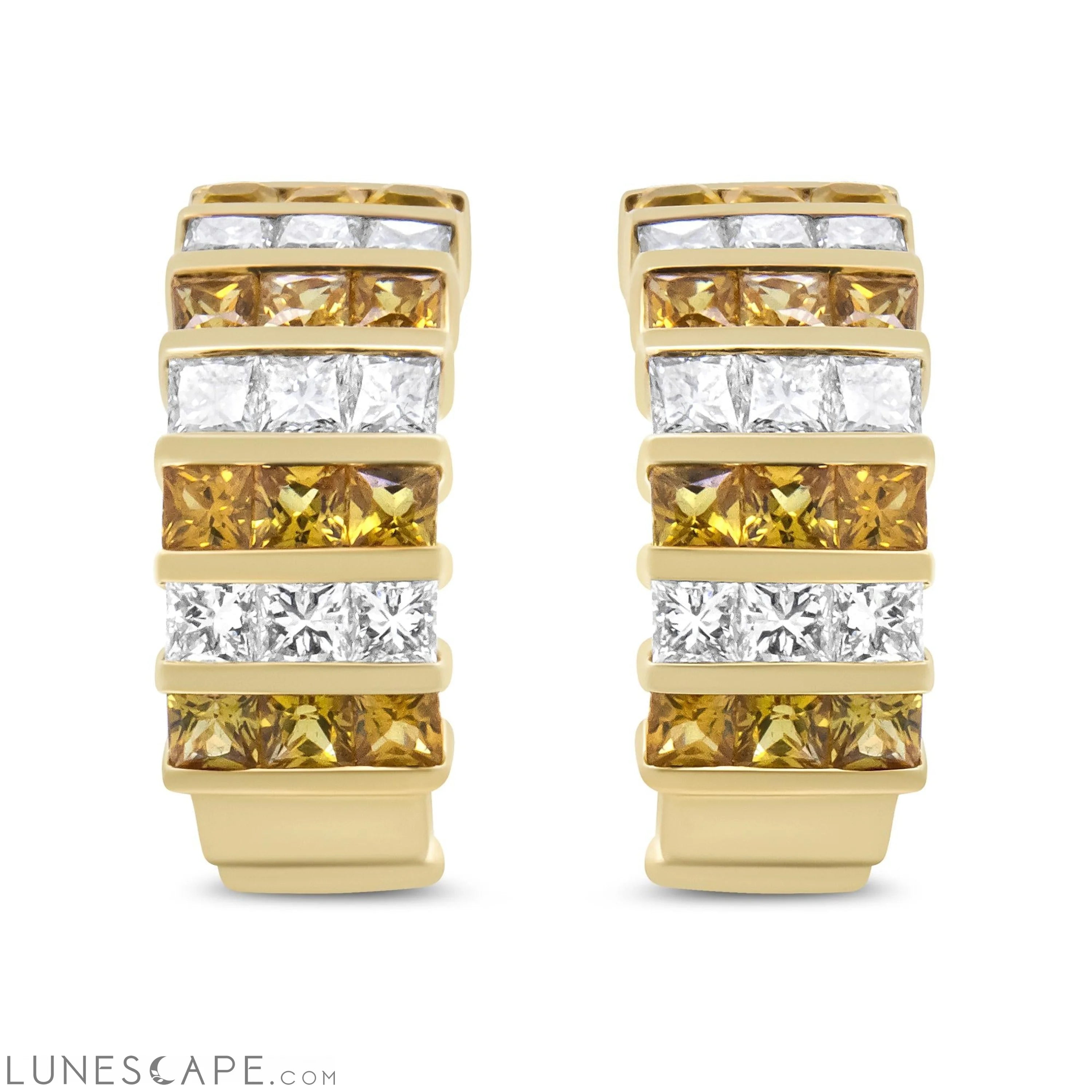 18K Yellow Gold 1 3/4 Cttw Invisible Set Princess Cut Diamond and 2.5mm Yellow Sapphire Huggie Hoop Earrings (F-G Color) LUNESCAPE