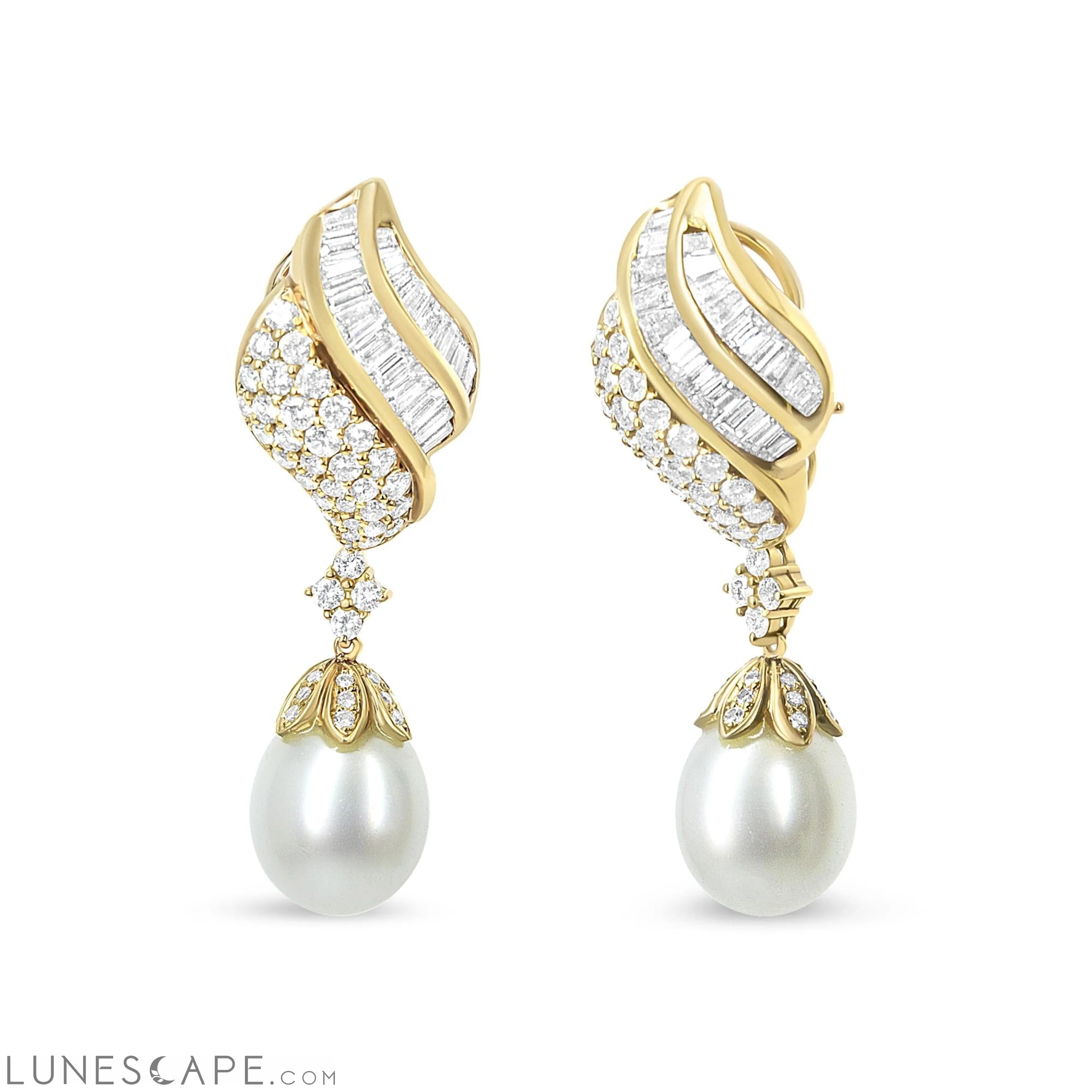 18k Yellow Gold 7.0 Cttw Baguette and Round Diamond South Sea Pearl Drop Dangle Clip-On Earrings (F-G Color, VS1-VS2 Clarity) LUNESCAPE
