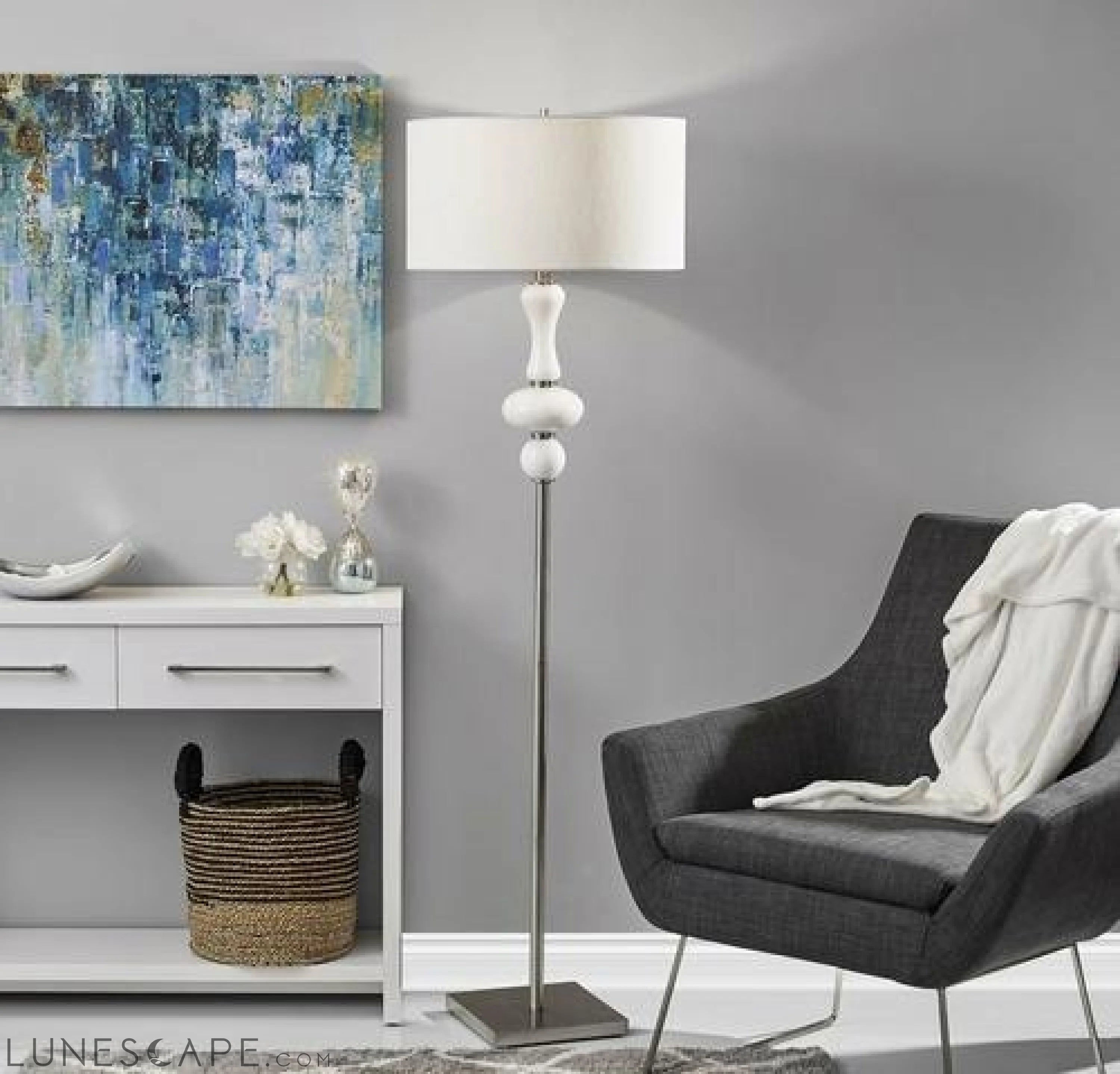 19" X 19" X 65.5" Black Metal Glass Fabric Floor Lamp LUNESCAPE