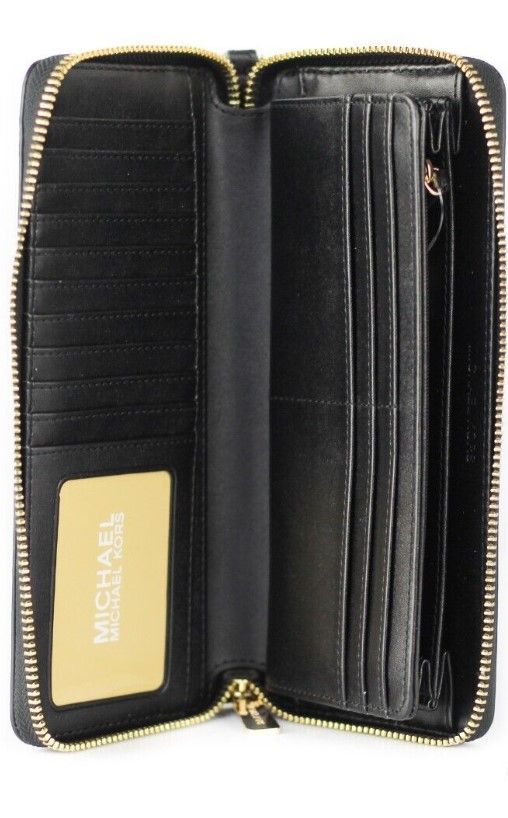 Michael Kors Jet Set Travel Large Black Pebble Leather Continental Wrist Wallet LUNESCAPE