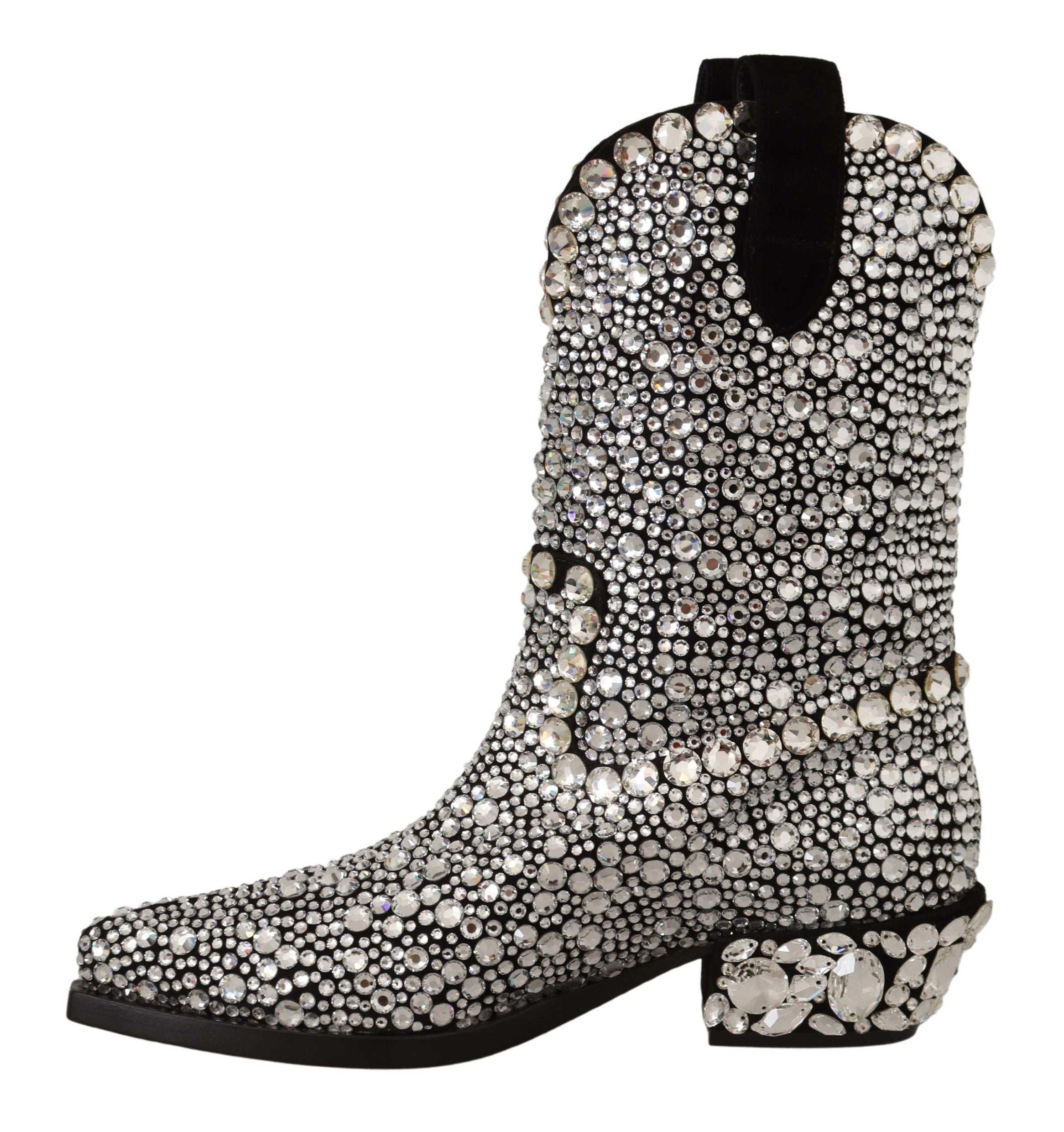 Dolce & Gabbana Black Suede Strass Crystal Cowgirl Boots LUNESCAPE