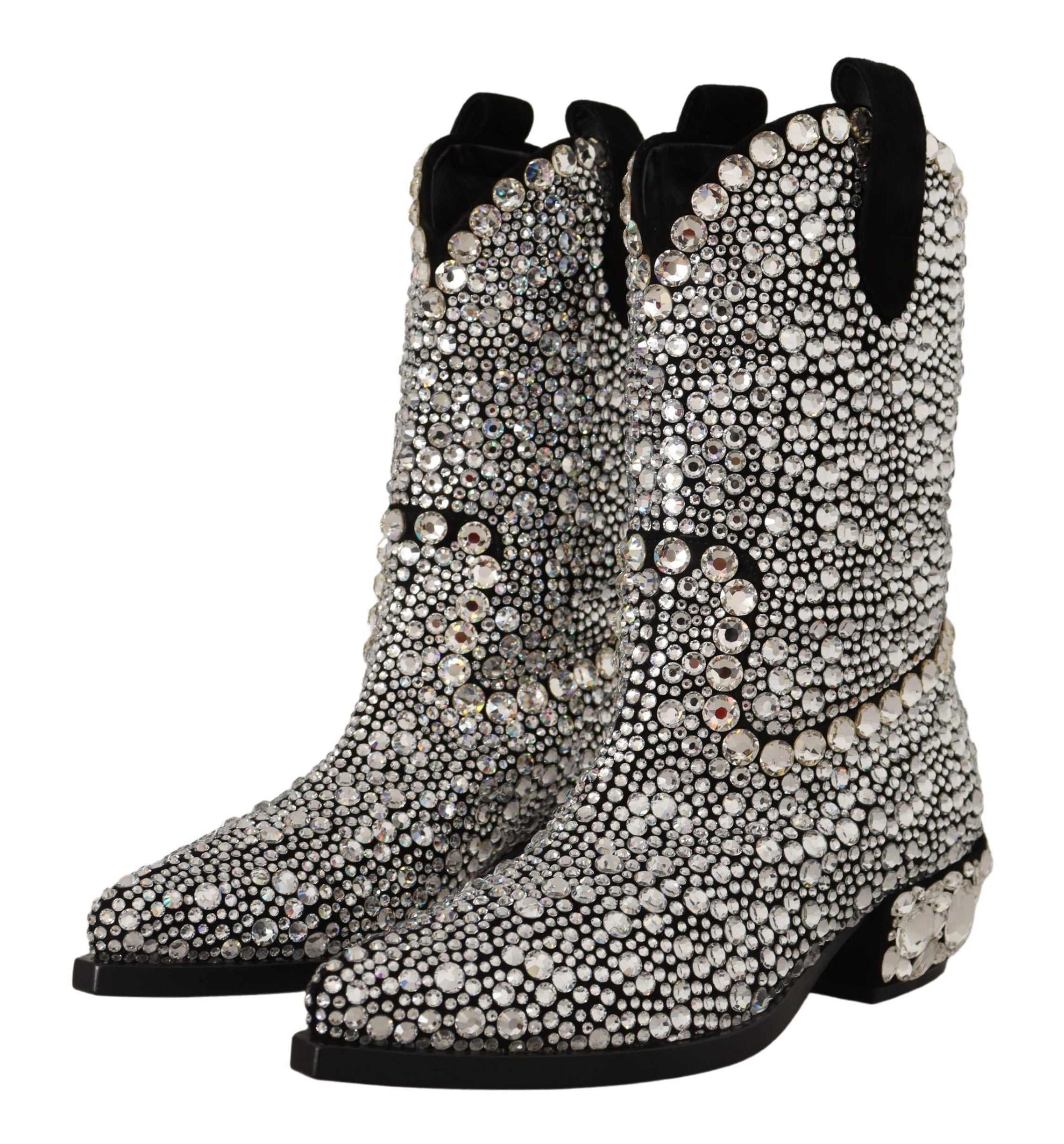Dolce & Gabbana Black Suede Strass Crystal Cowgirl Boots LUNESCAPE