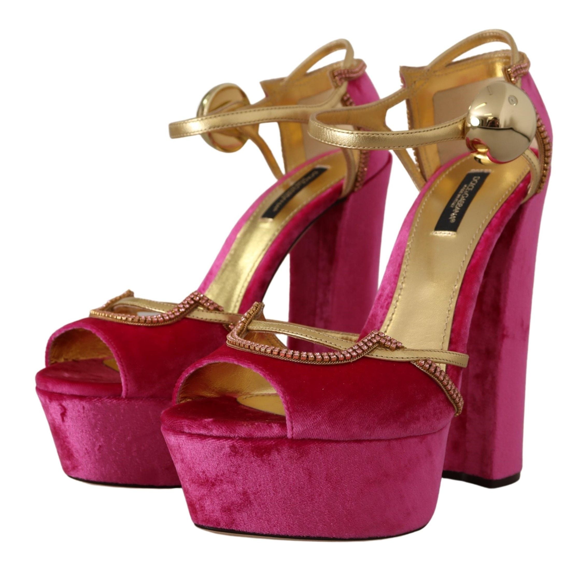 Dolce & Gabbana Pink Velvet Crystal Ankle Strap Sandals Shoes LUNESCAPE