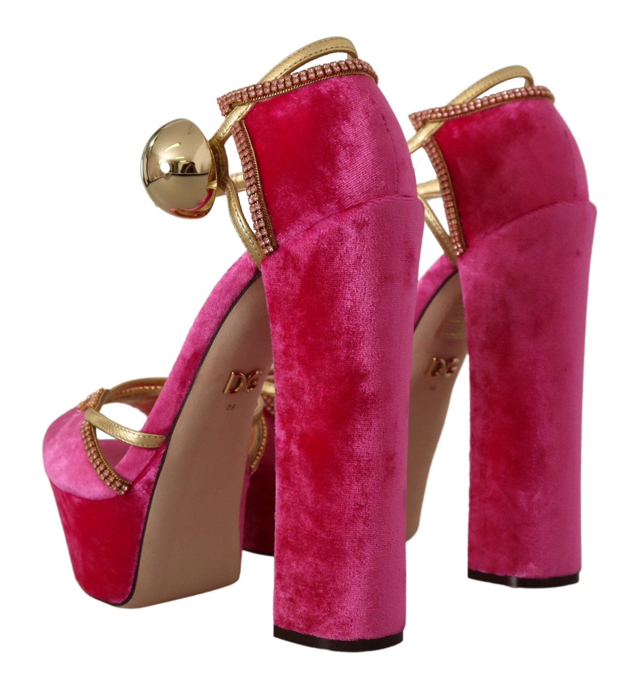 Dolce & Gabbana Pink Velvet Crystal Ankle Strap Sandals Shoes LUNESCAPE