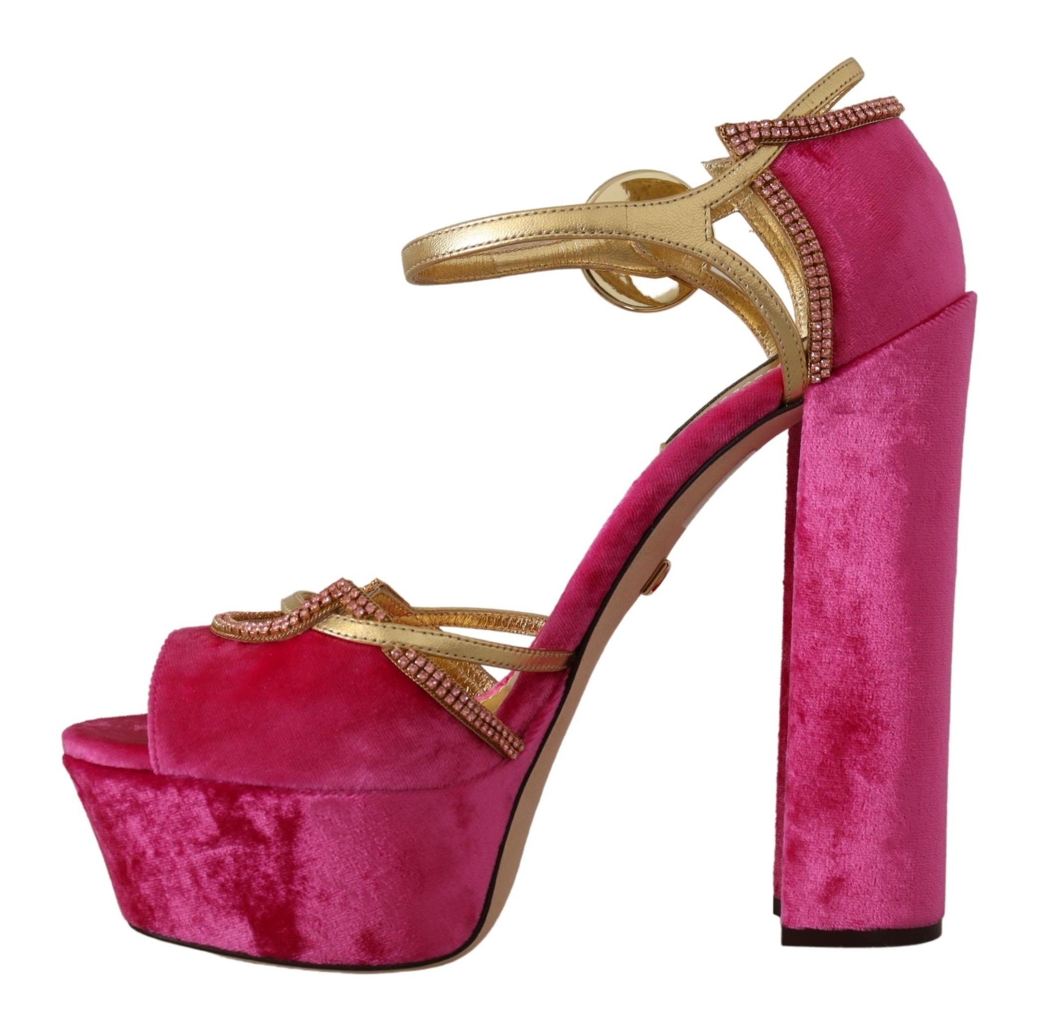 Dolce & Gabbana Pink Velvet Crystal Ankle Strap Sandals Shoes LUNESCAPE