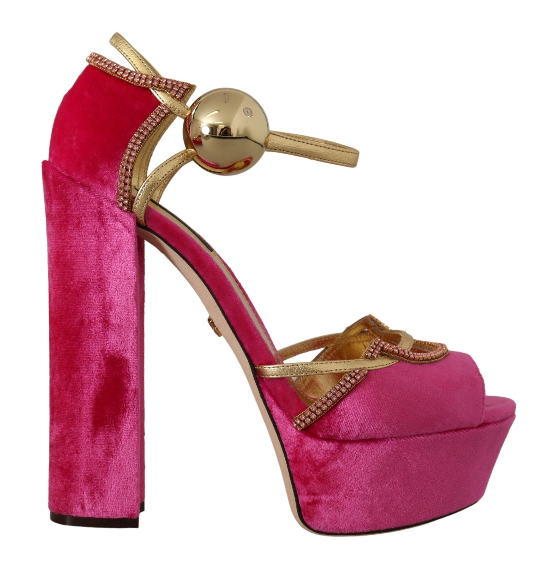 Dolce & Gabbana Pink Velvet Crystal Ankle Strap Sandals Shoes LUNESCAPE