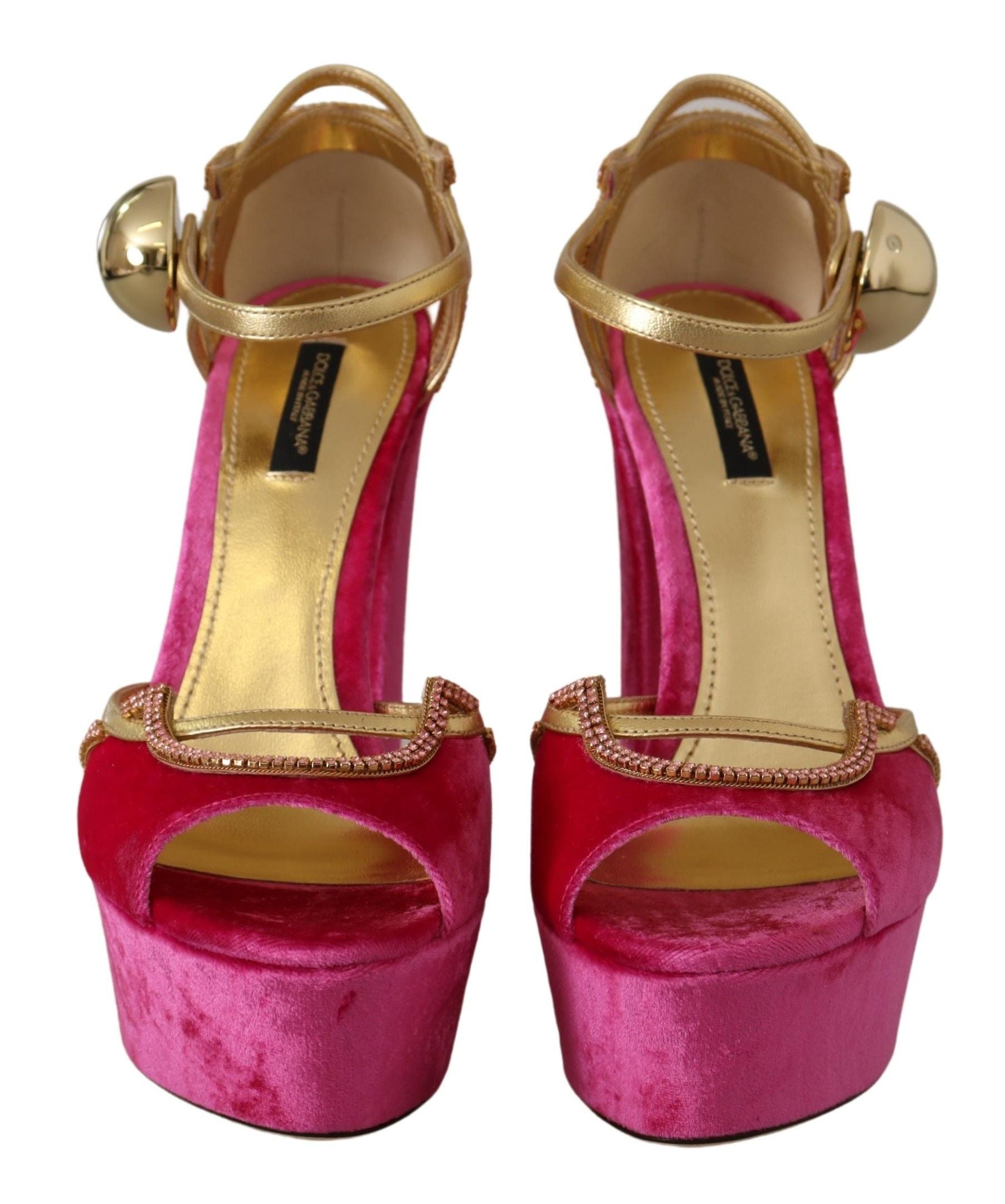 Dolce & Gabbana Pink Velvet Crystal Ankle Strap Sandals Shoes LUNESCAPE