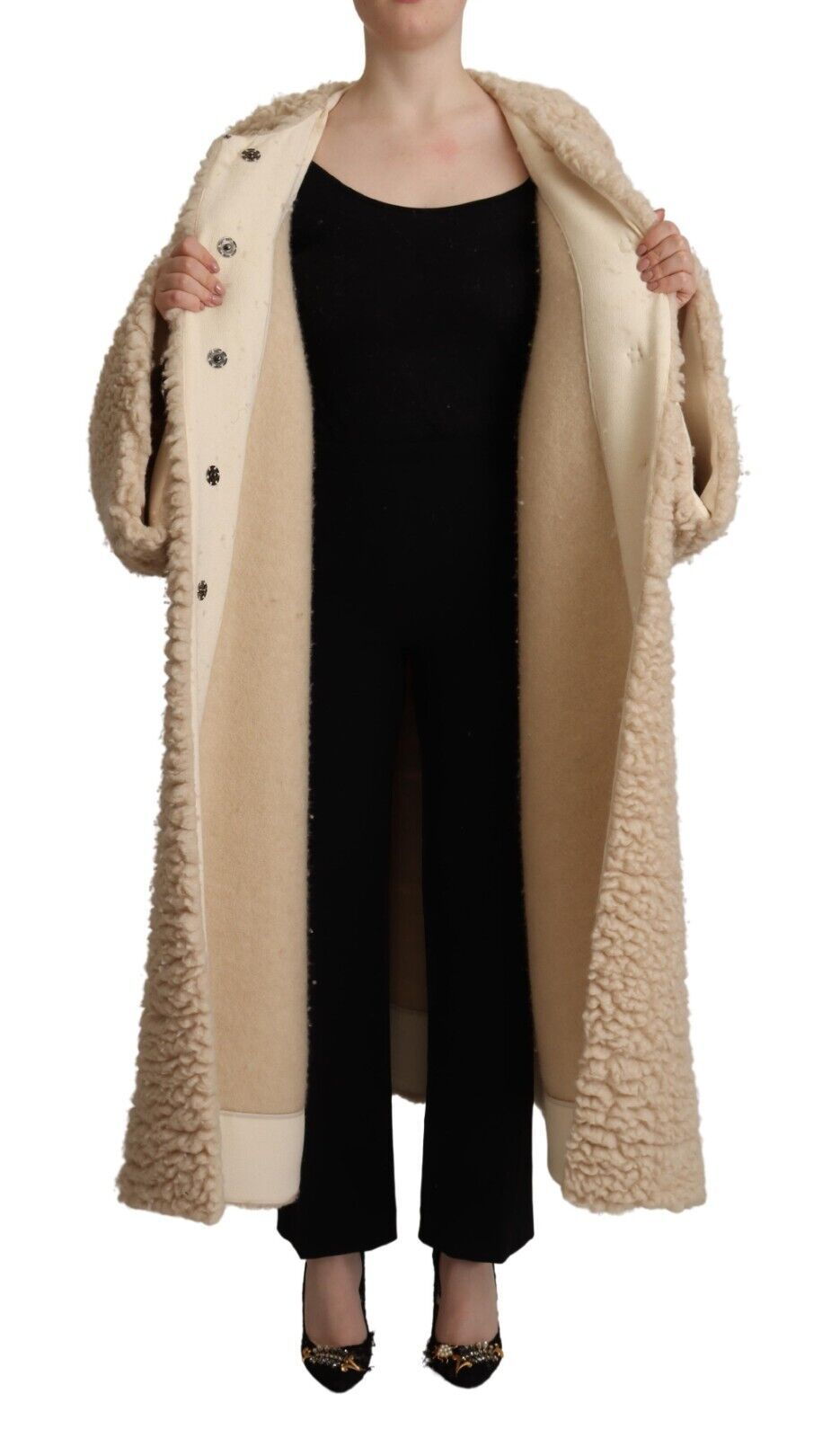 Dolce & Gabbana Beige Cashmere Wool Faux Fur Coat Jacket LUNESCAPE