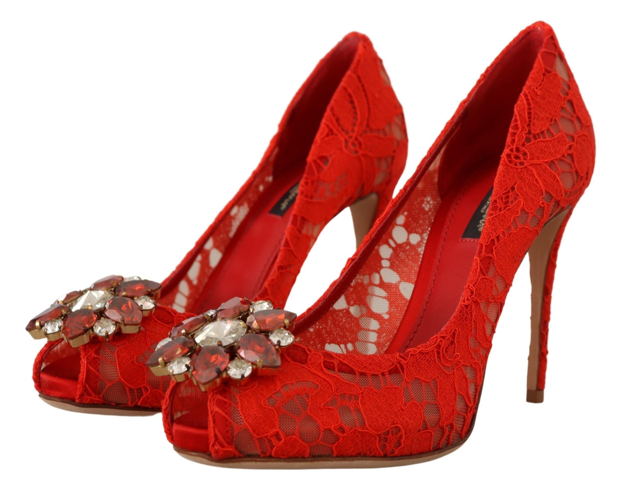 Dolce & Gabbana Red Taormina Lace Crystal Heels Pumps LUNESCAPE