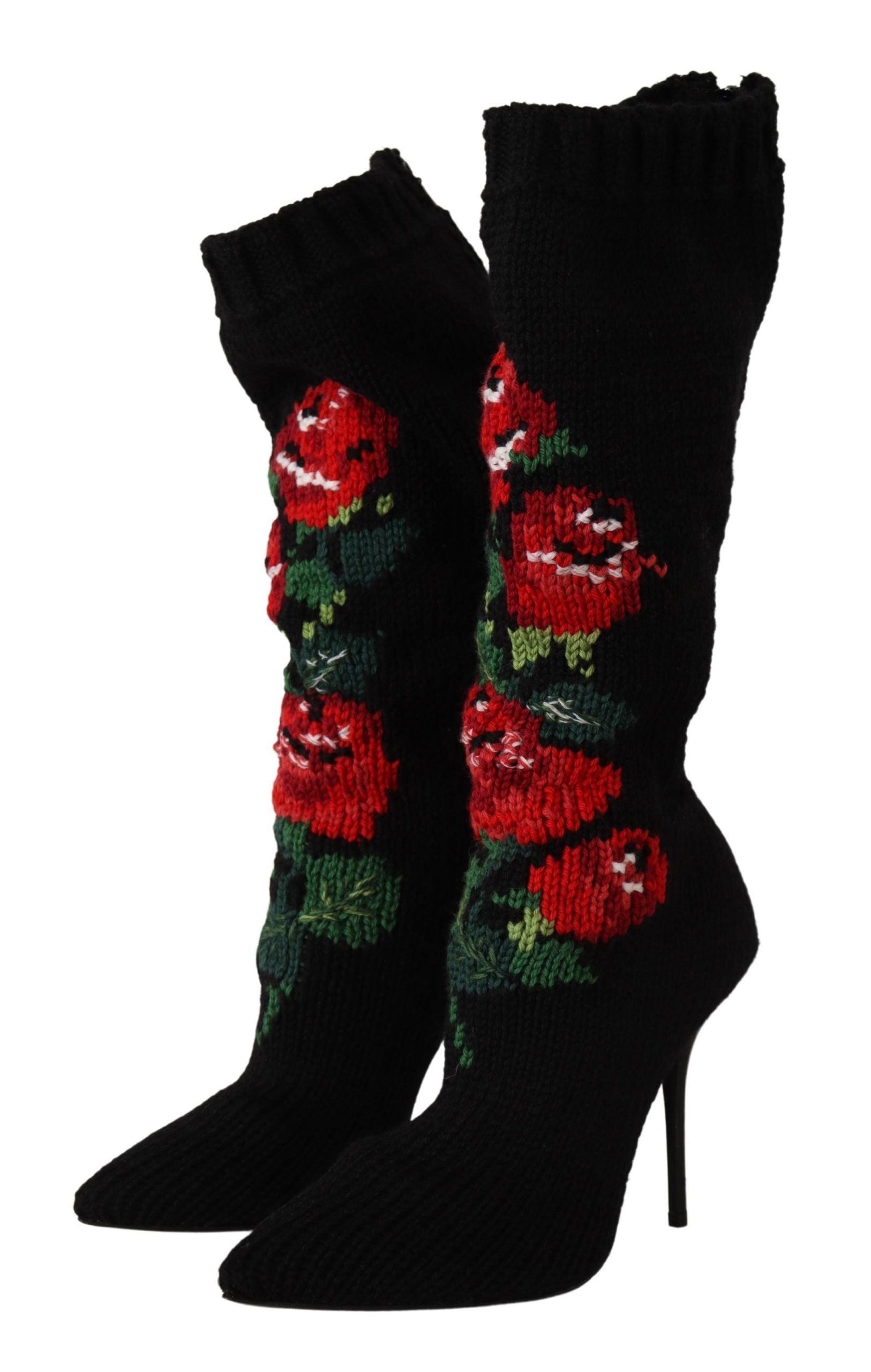 Dolce & Gabbana Black Stretch Socks Red Roses Booties Shoes LUNESCAPE