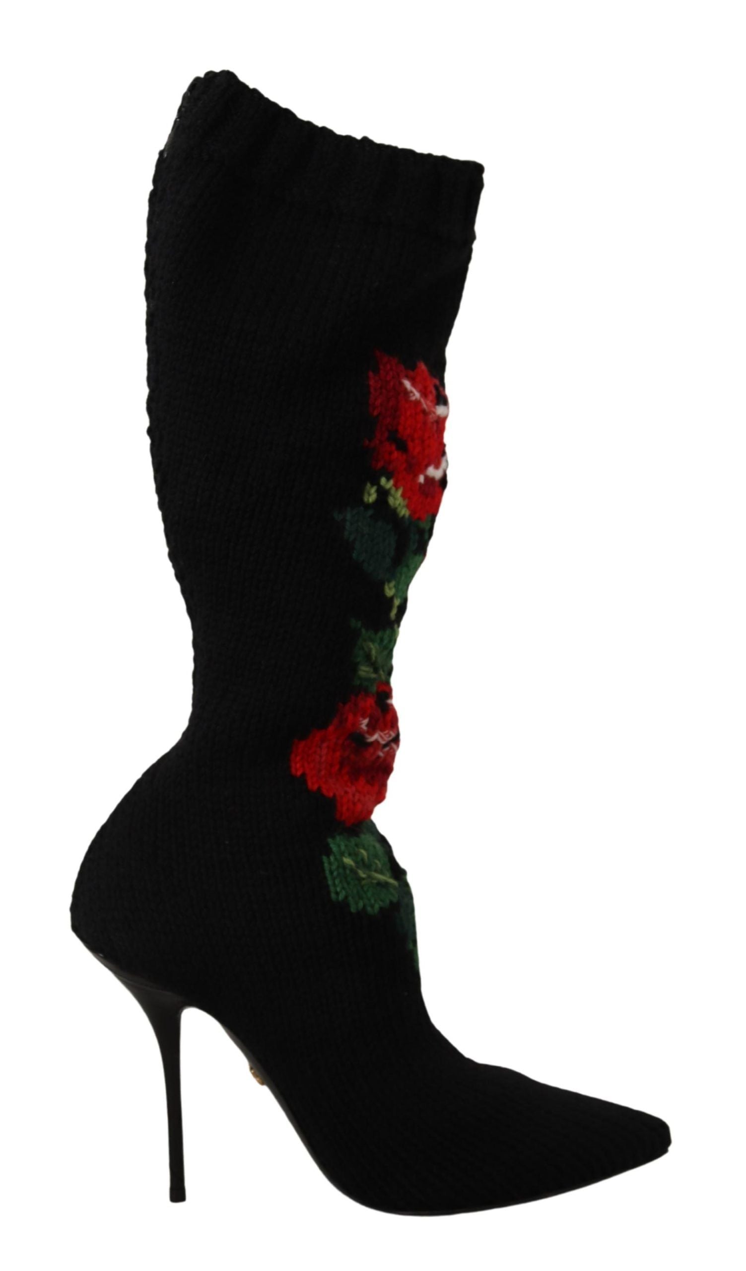 Dolce & Gabbana Black Stretch Socks Red Roses Booties Shoes LUNESCAPE