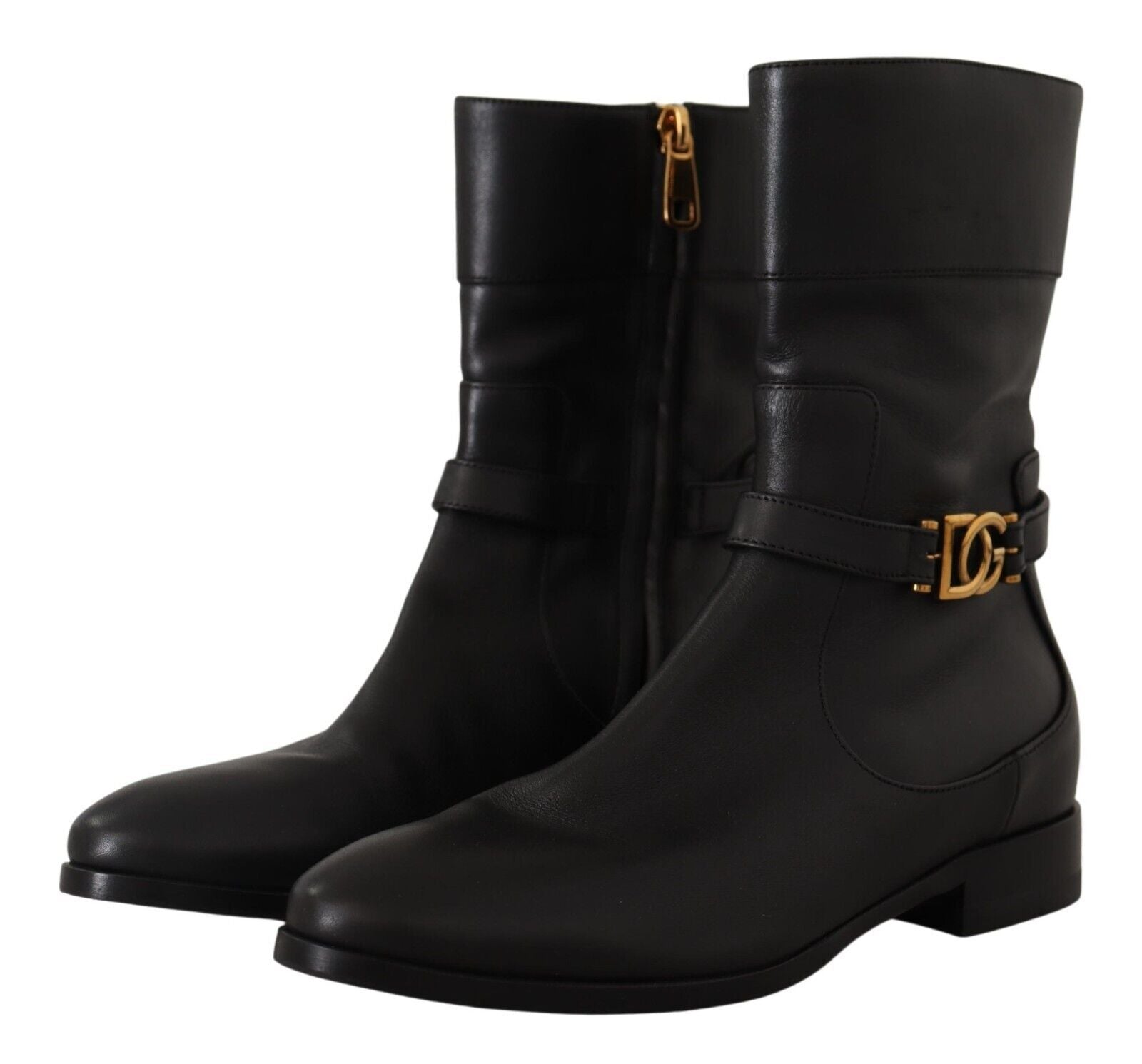 Dolce & Gabbana Black Leather Flats Logo Short Boots Shoes LUNESCAPE