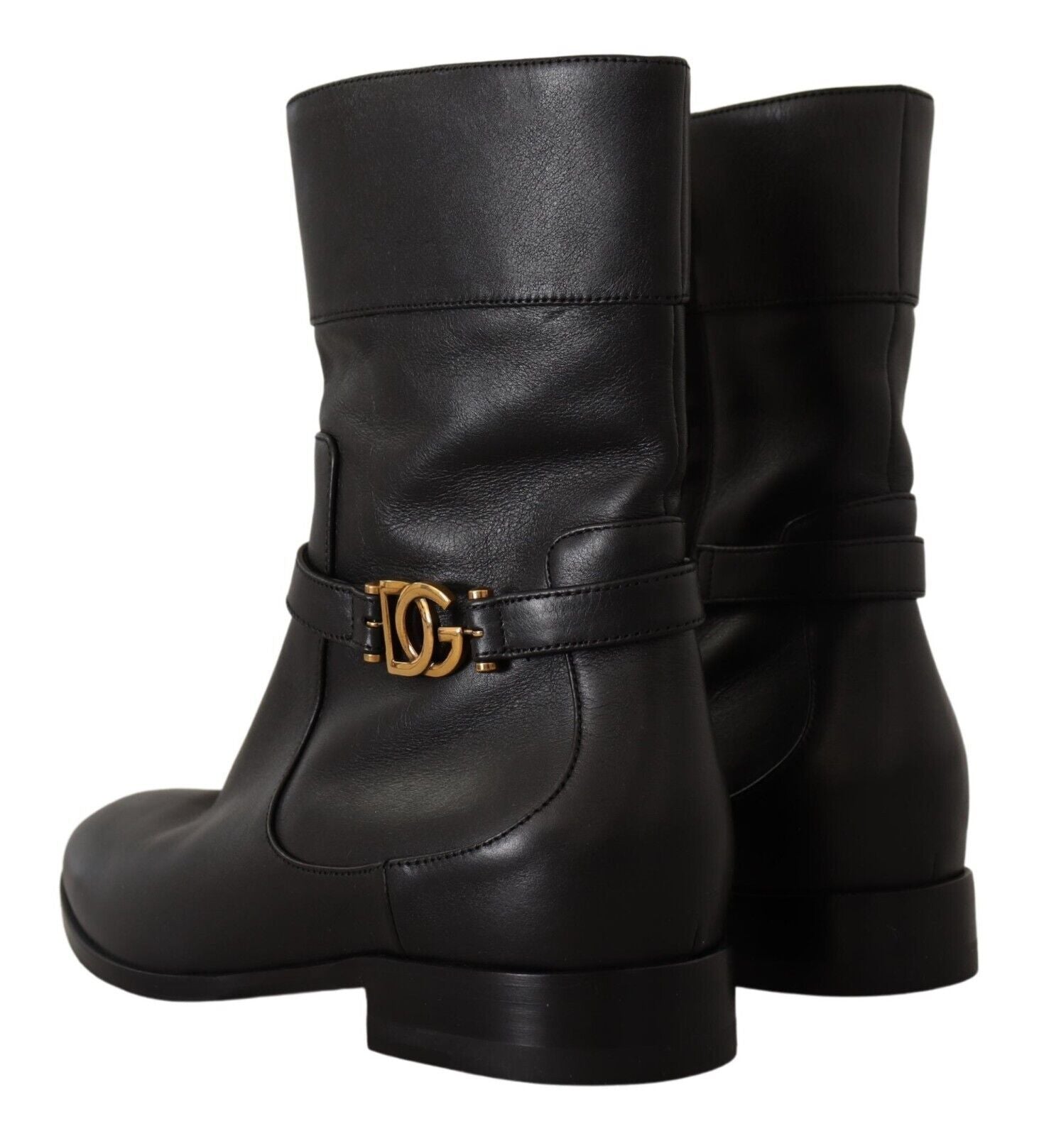 Dolce & Gabbana Black Leather Flats Logo Short Boots Shoes LUNESCAPE