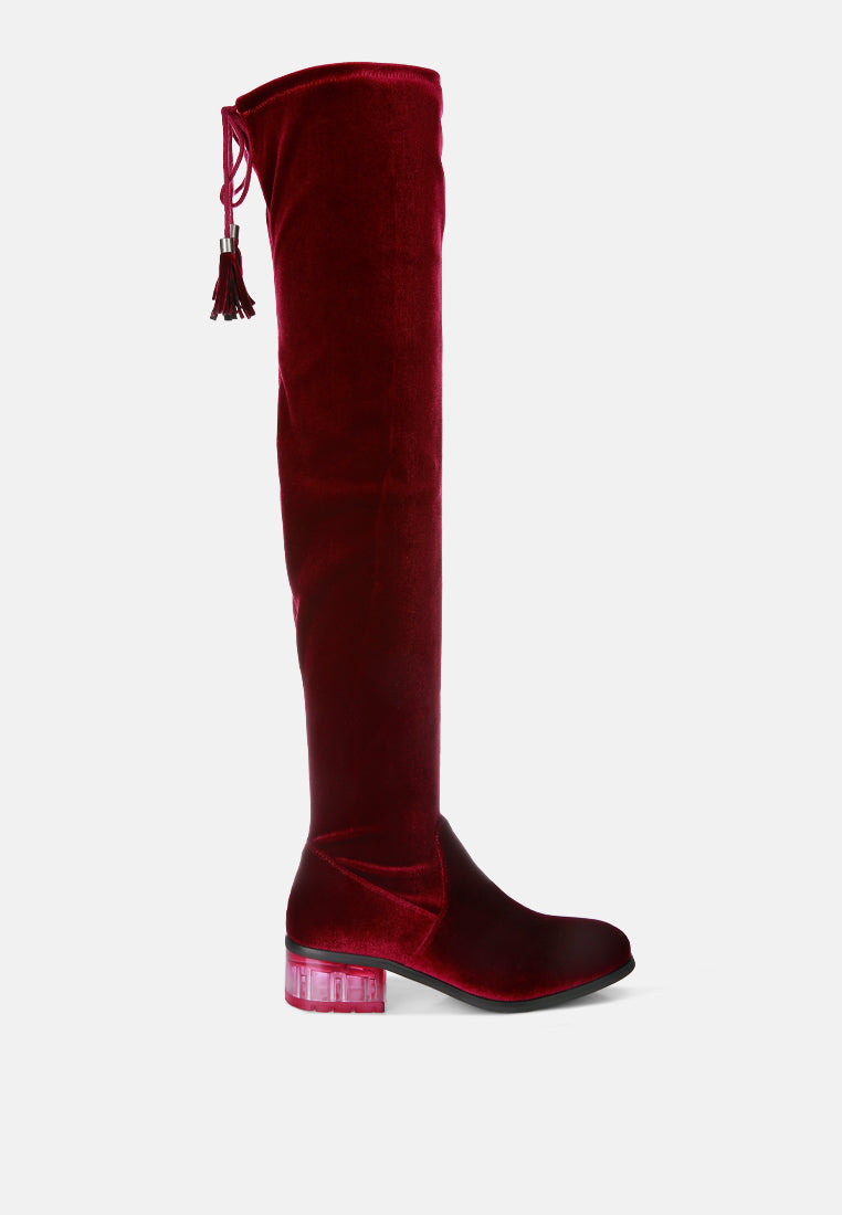 Rumple Velvet Over the Knee Clear Heel Boots LUNESCAPE