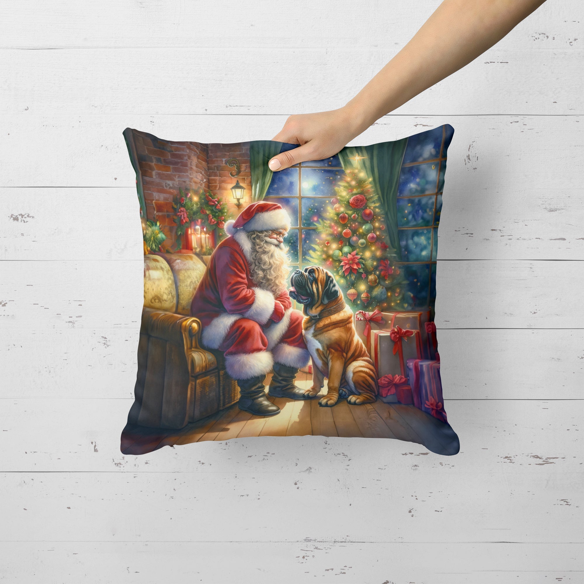 Bullmastiff and Santa Claus Throw Pillow LUNESCAPE