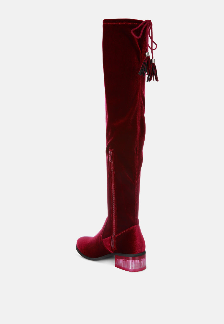 Rumple Velvet Over the Knee Clear Heel Boots LUNESCAPE