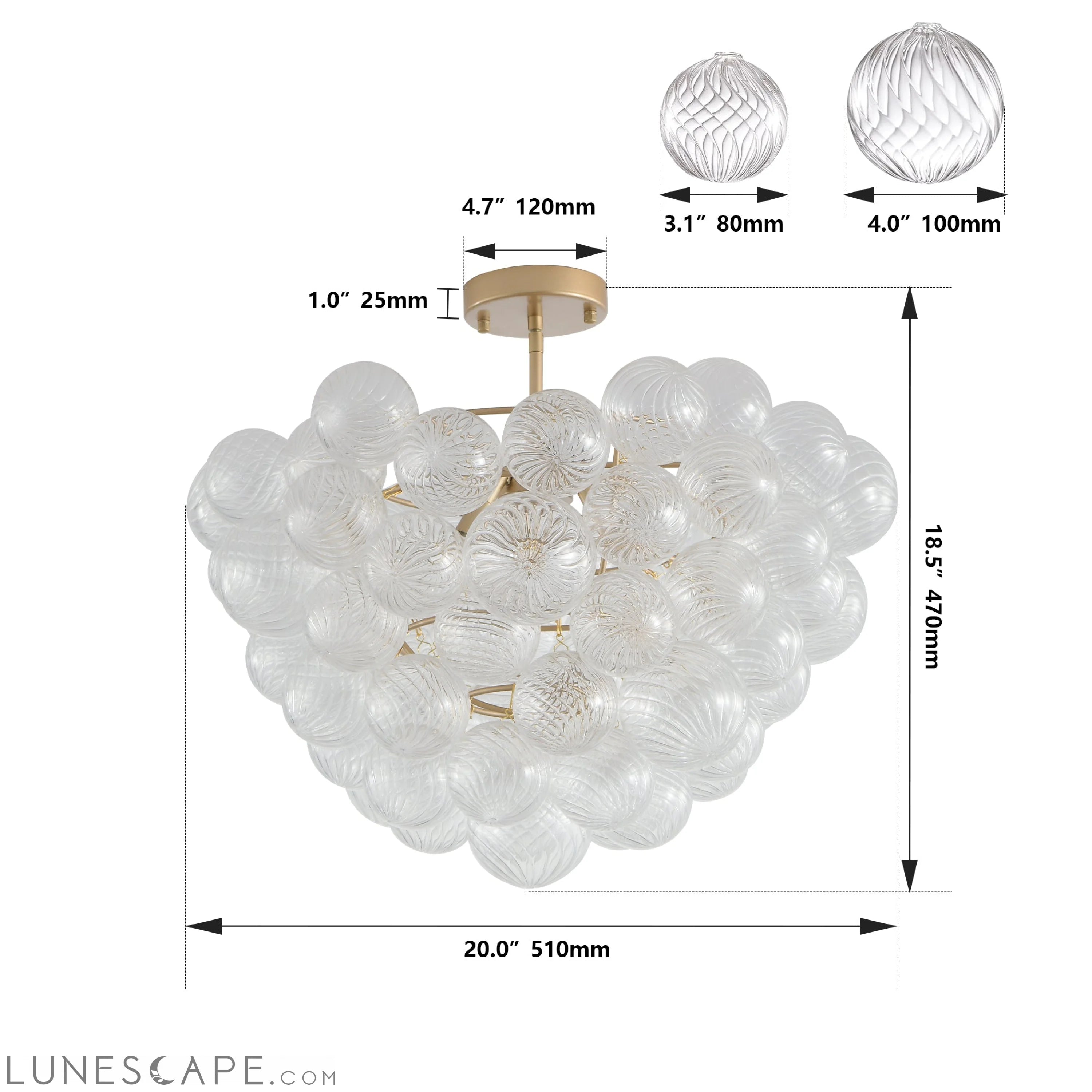 20-Inch Gold Ceiling Pendant Light with Threaded Clear Glass Globe LUNESCAPE