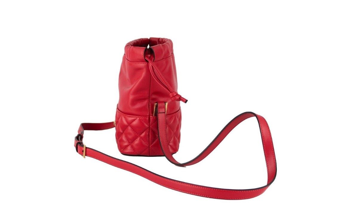 Versace Red Quilted Leather Drawstring Shoulder Bag Bucket Crossbody Handbag LUNESCAPE