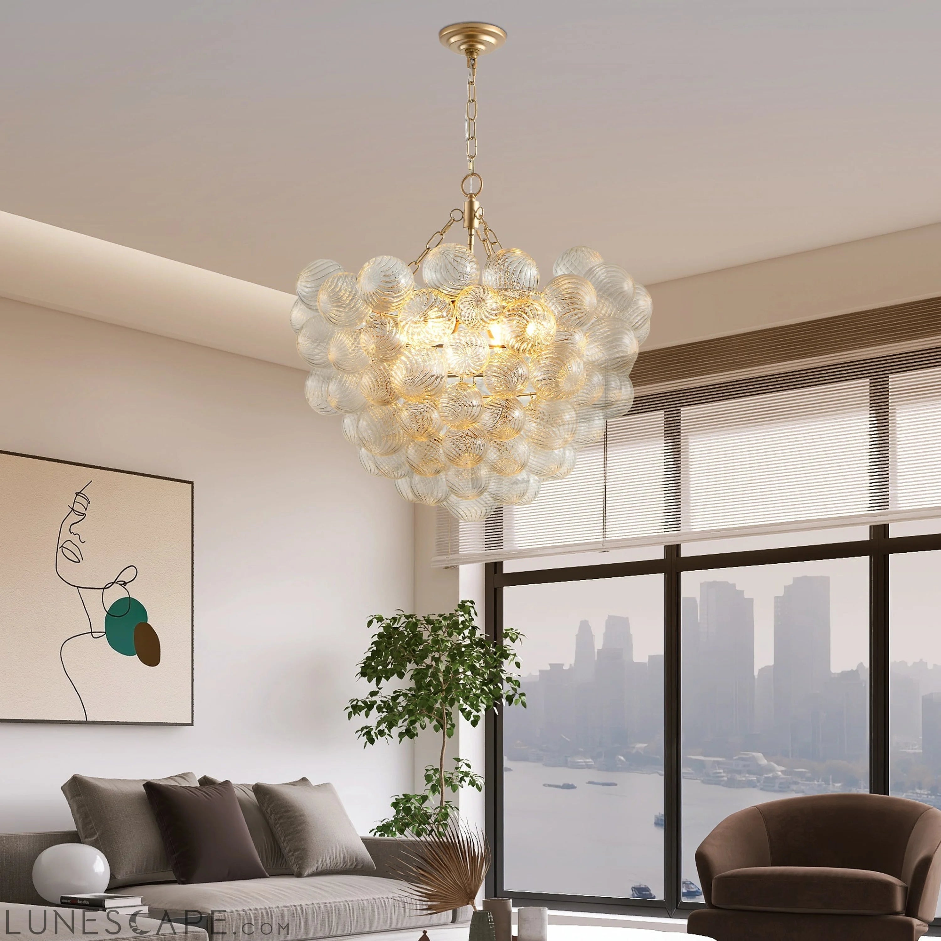 23.6-Inch Gold Pendant Light Chandelier with Threaded Clear Glass LUNESCAPE