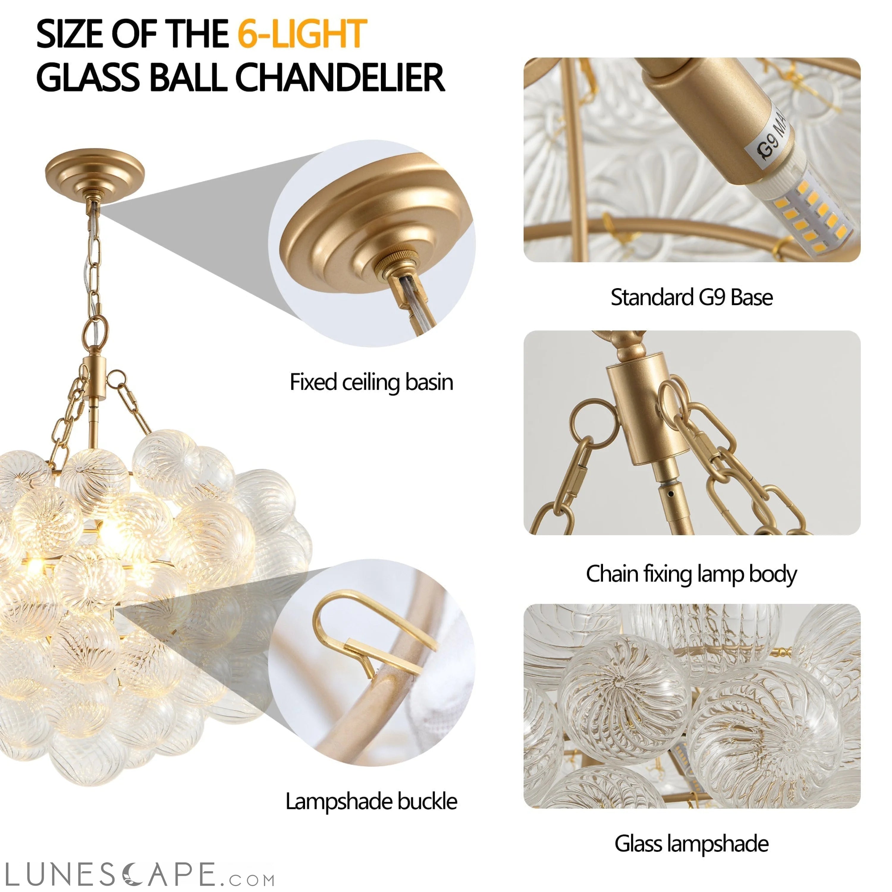 23.6-Inch Gold Pendant Light Chandelier with Threaded Clear Glass LUNESCAPE