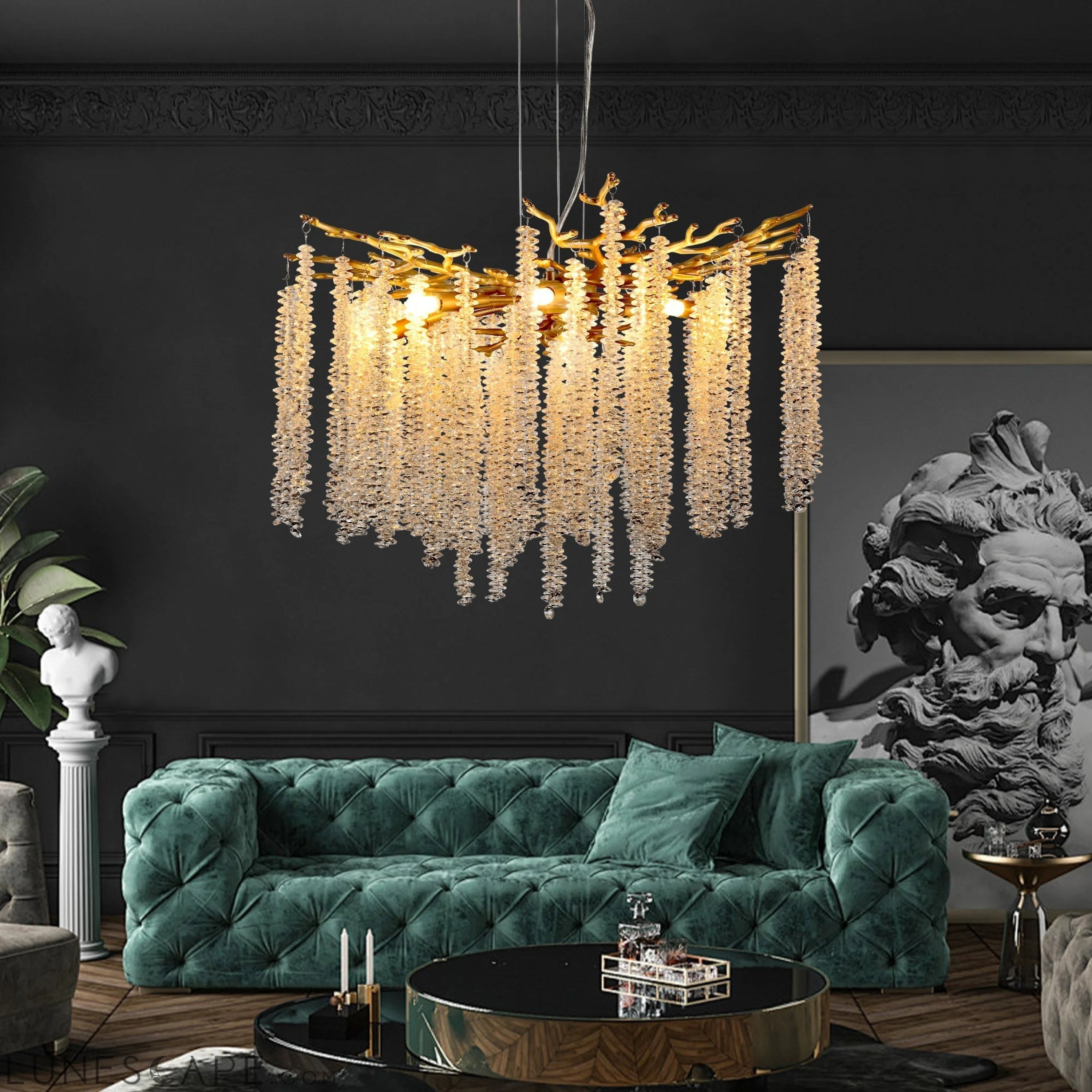 23.6-inch Modern Golden Pendant Light with Cascading Crystal Strands, LUNESCAPE