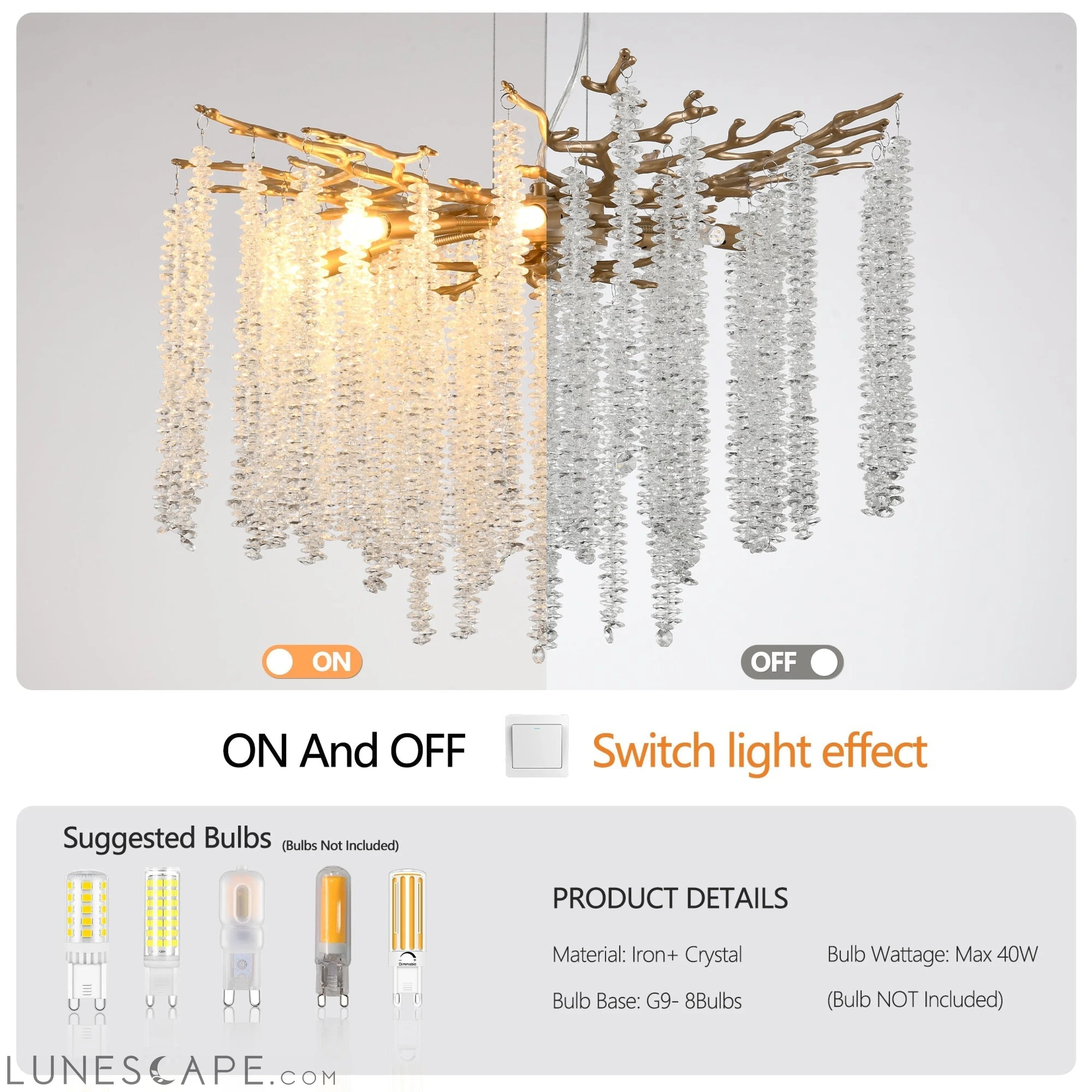 23.6-inch Modern Golden Pendant Light with Cascading Crystal Strands, LUNESCAPE