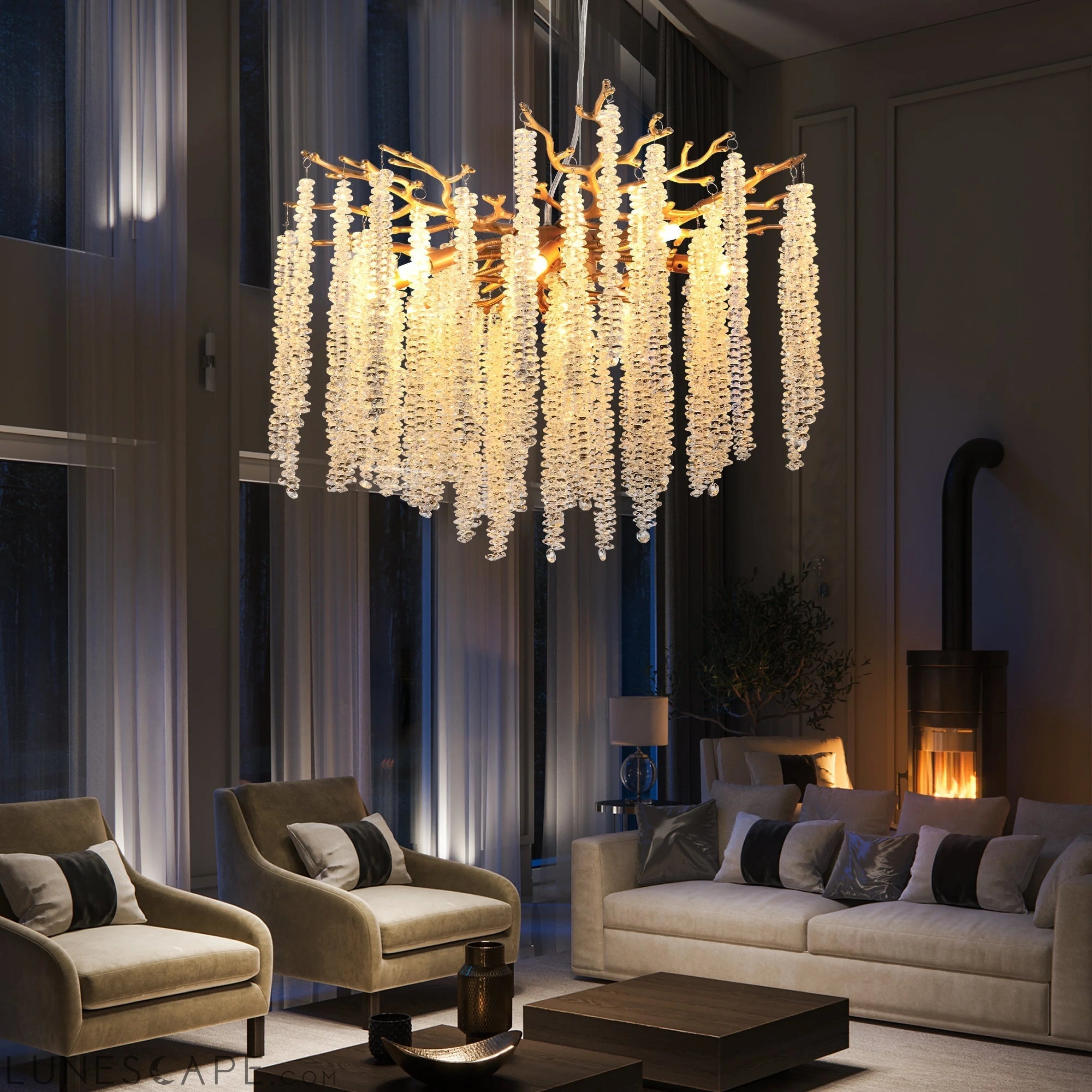 23.6-inch Modern Golden Pendant Light with Cascading Crystal Strands, LUNESCAPE