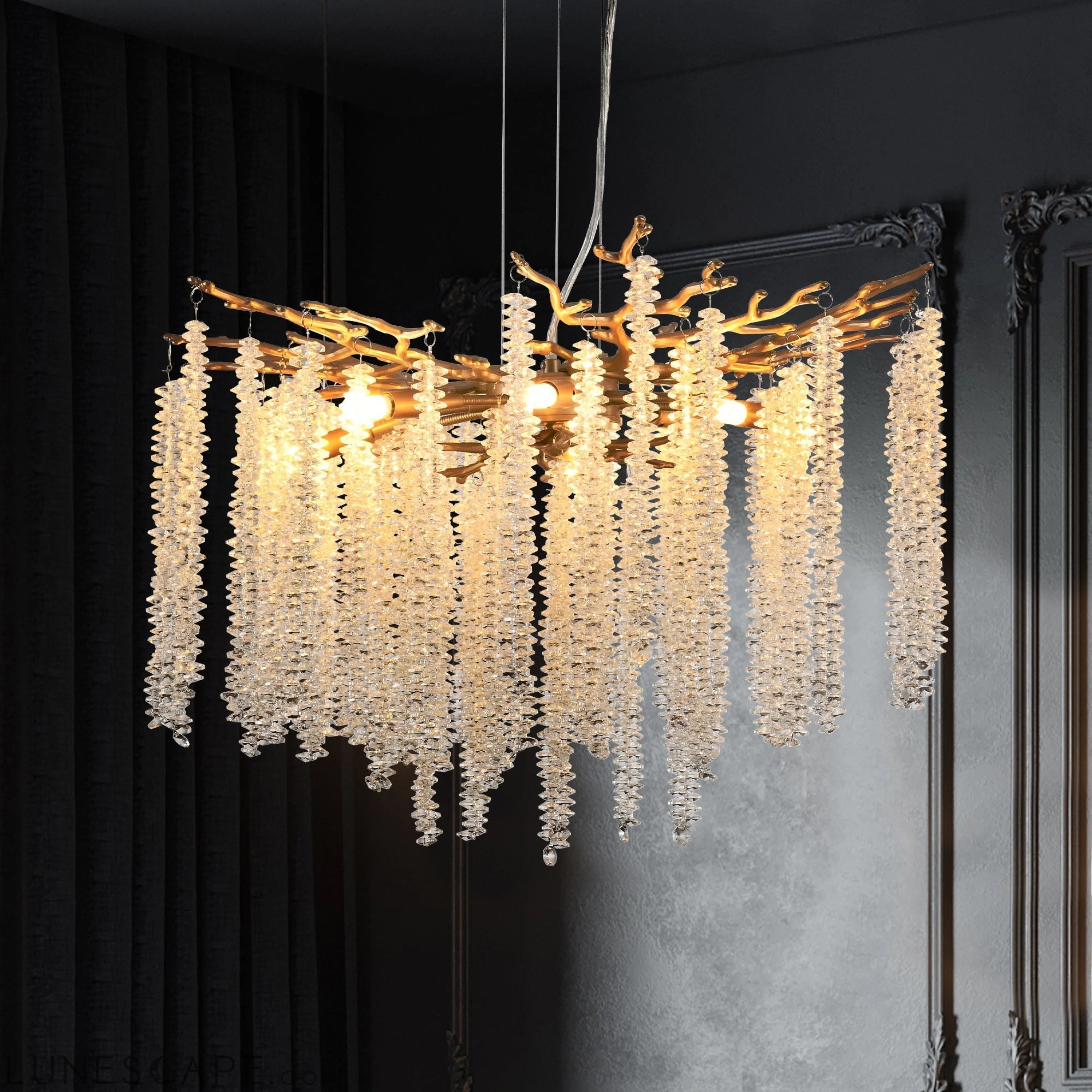 23.6-inch Modern Golden Pendant Light with Cascading Crystal Strands, LUNESCAPE