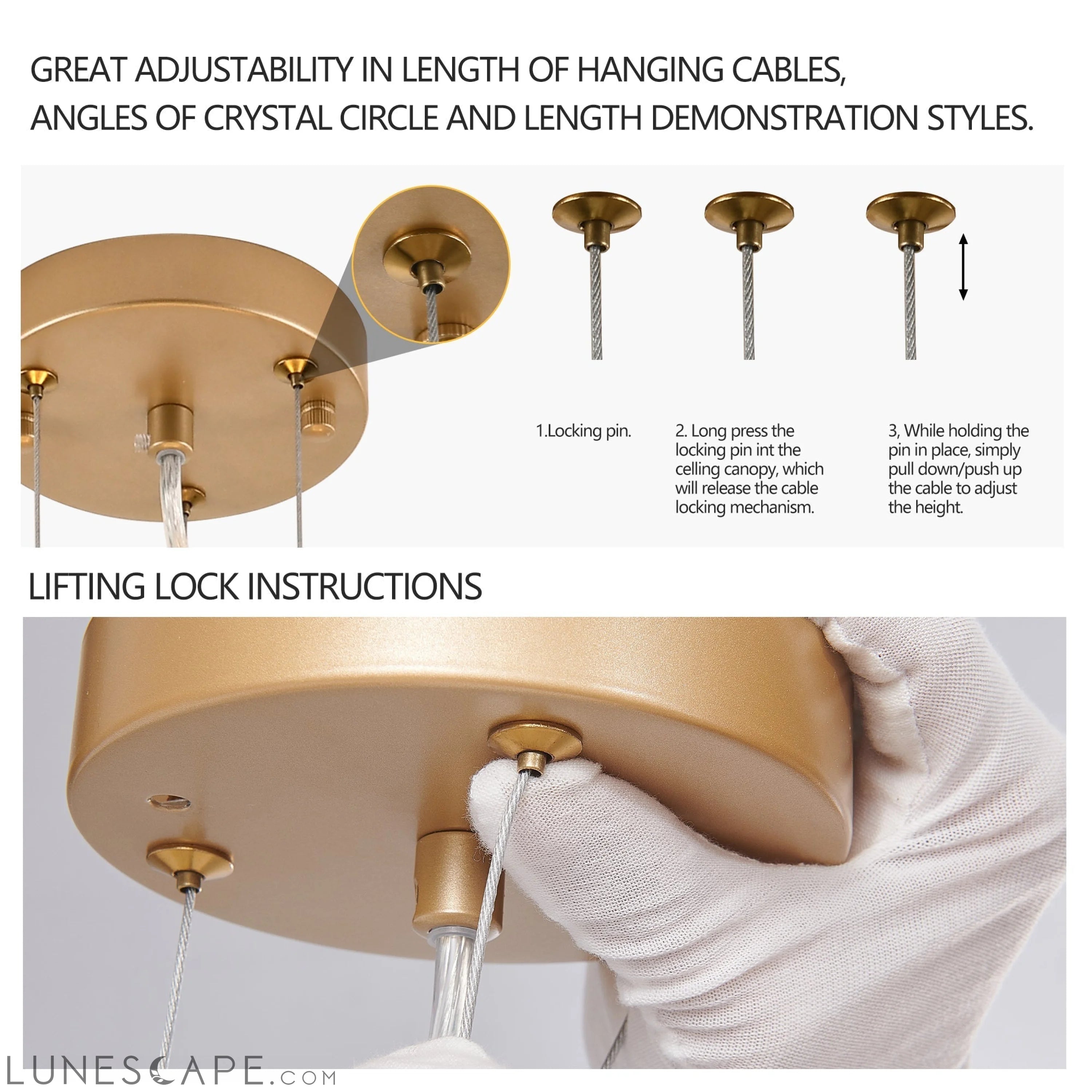 23.6-inch Modern Golden Pendant Light with Cascading Crystal Strands, LUNESCAPE