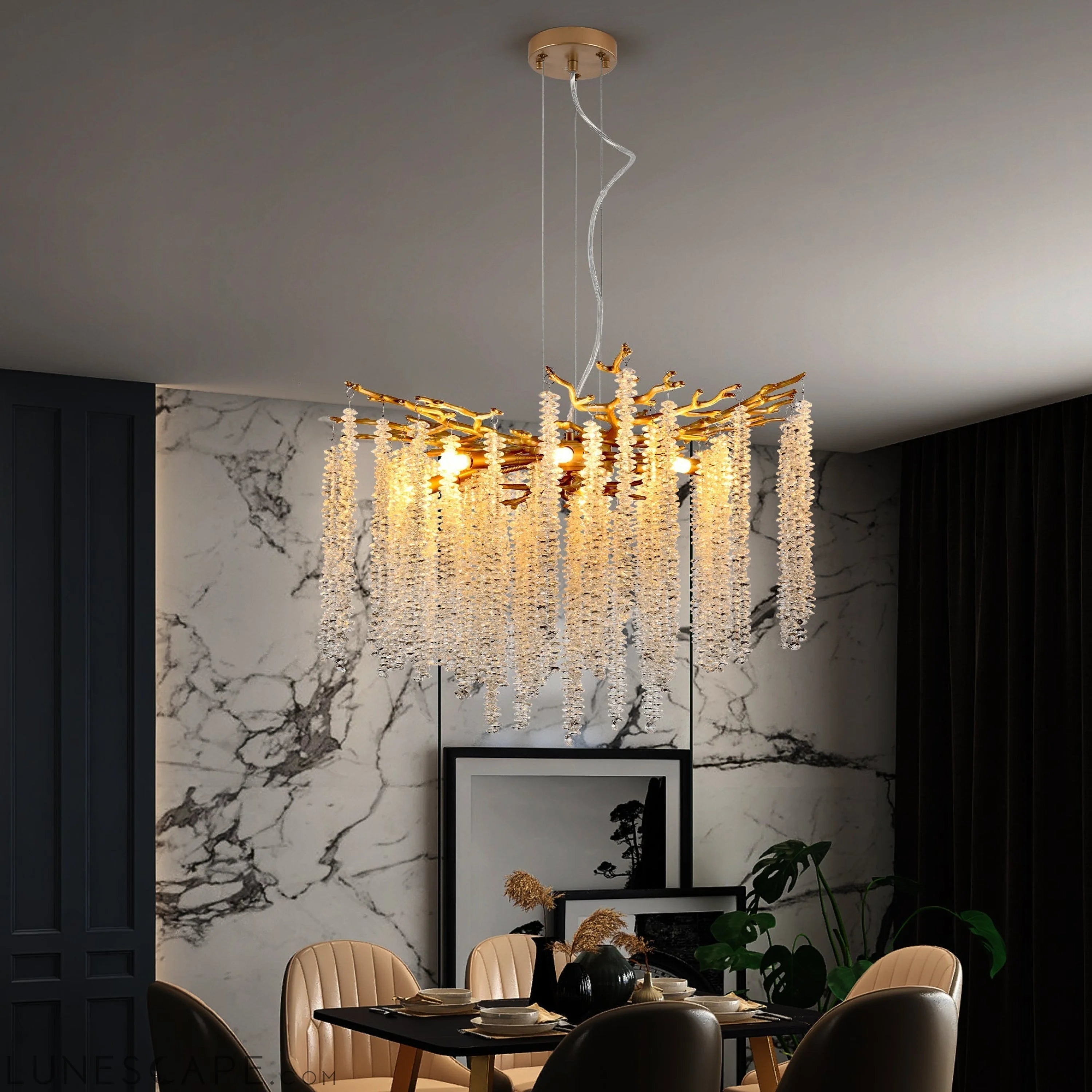 23.6-inch Modern Golden Pendant Light with Cascading Crystal Strands, LUNESCAPE