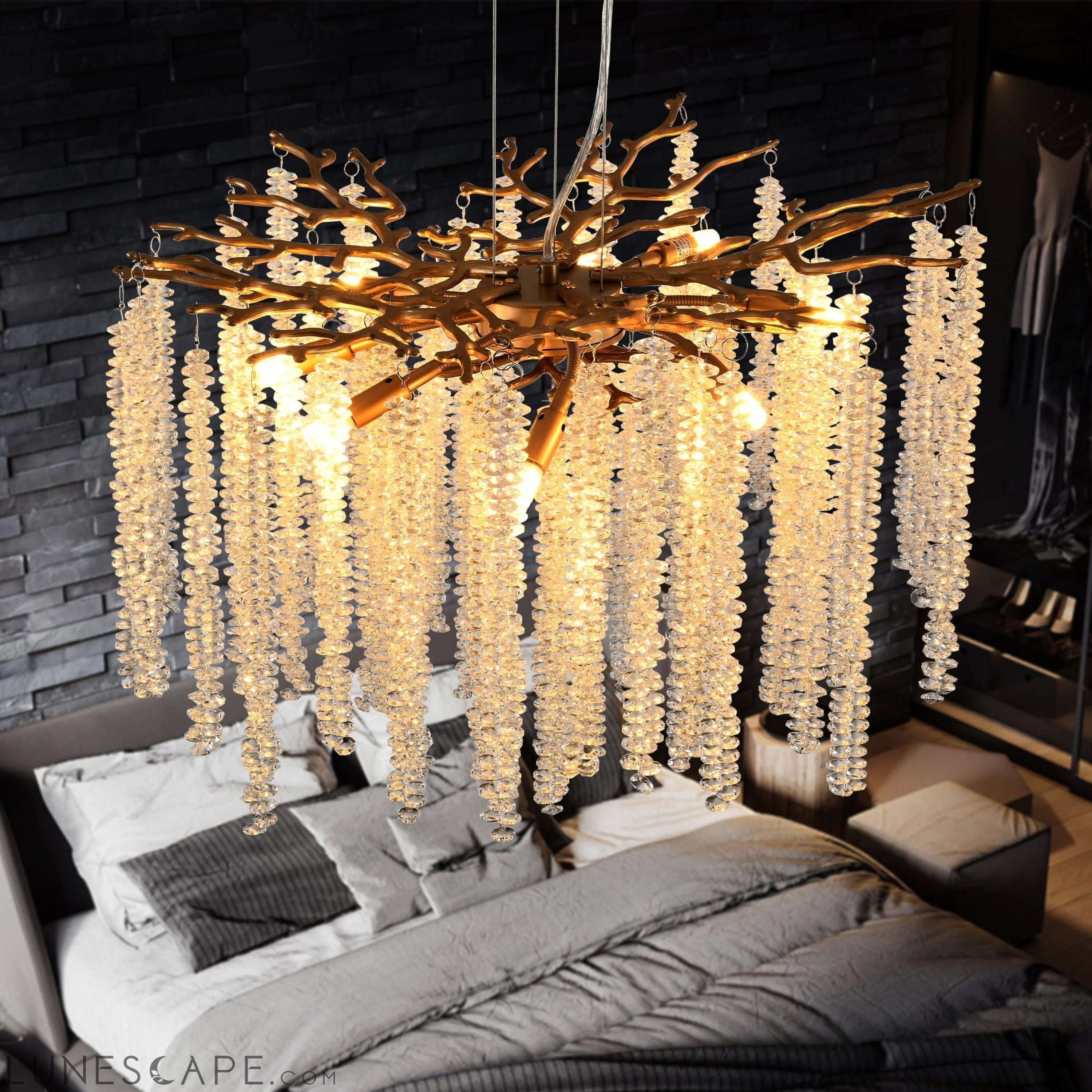 23.6-inch Modern Golden Pendant Light with Cascading Crystal Strands, LUNESCAPE