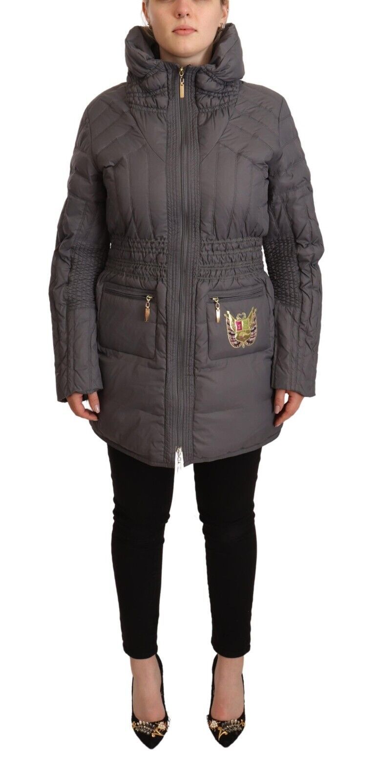 Roccobarocco Elegant Quilted Long Jacket with Logo Patch LUNESCAPE