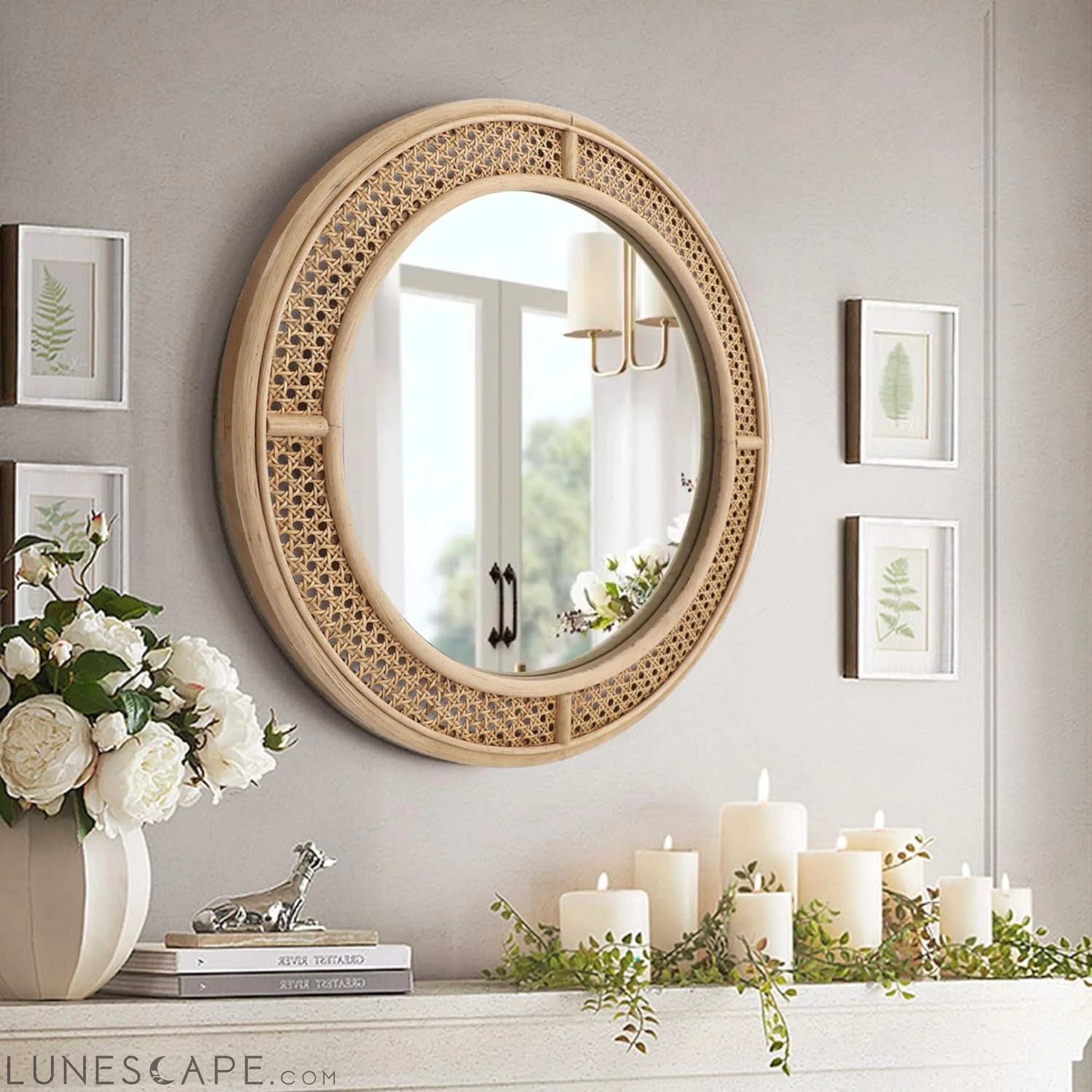 24-Inch Round Rattan Wall Mirror with Wooden Frame - Modern Boho Decor LUNESCAPE