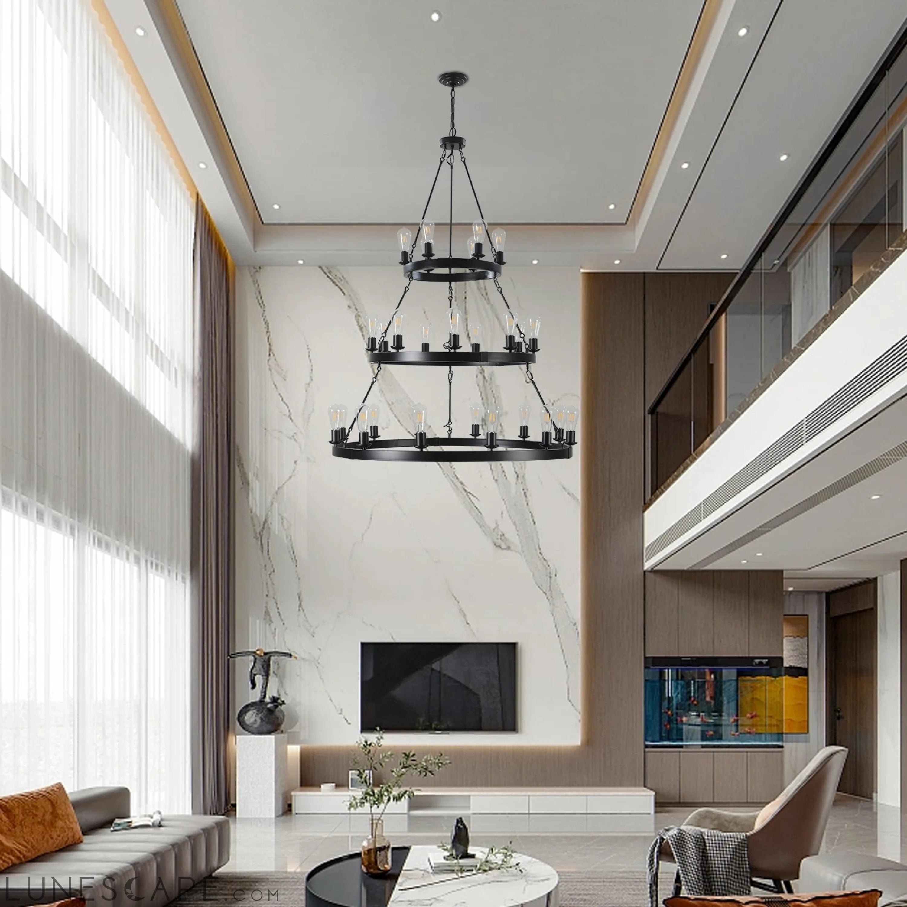 27 Light Metal Ring Chandelier Black LUNESCAPE