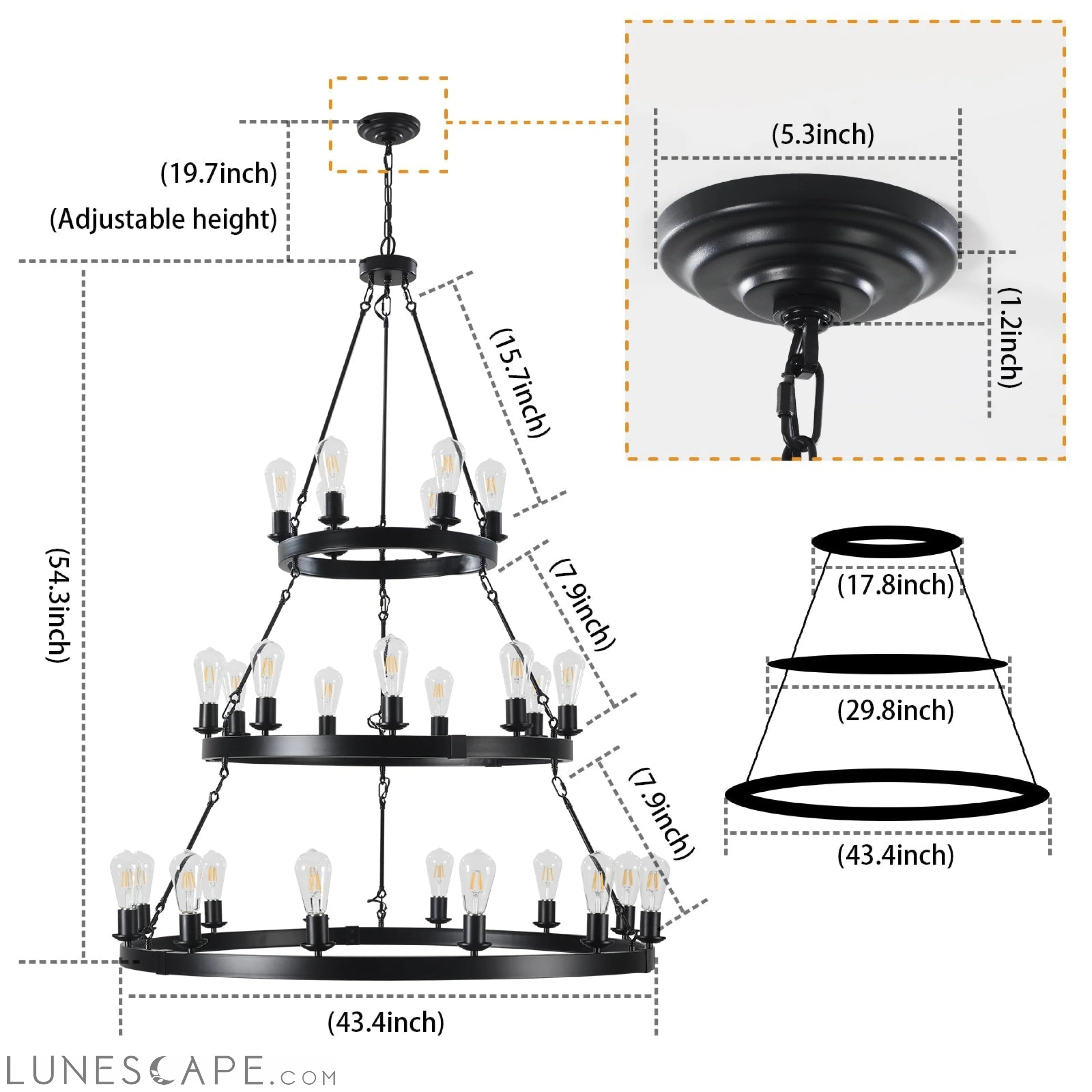 27 Light Metal Ring Chandelier Black LUNESCAPE