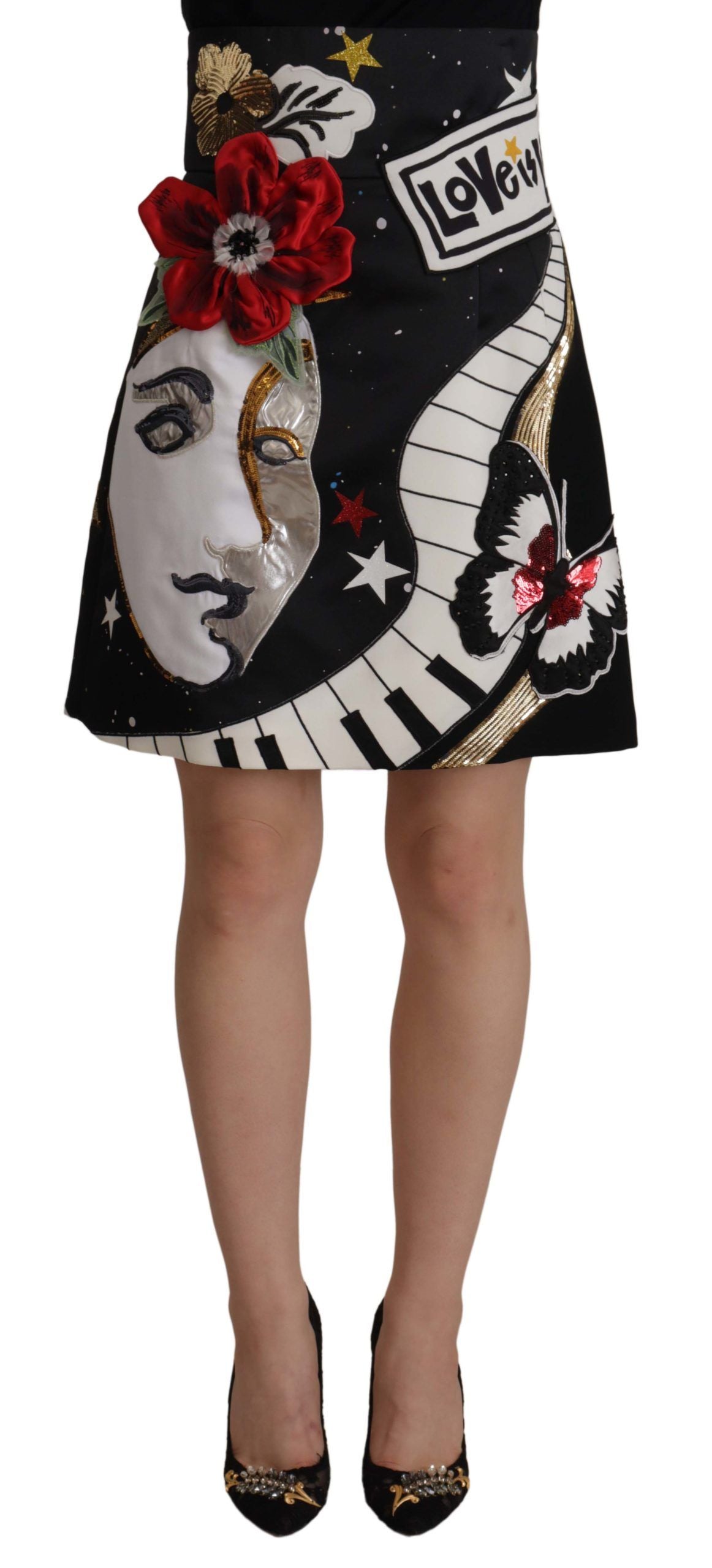 Dolce & Gabbana High-Waist A-Line Embellished Black Skirt LUNESCAPE