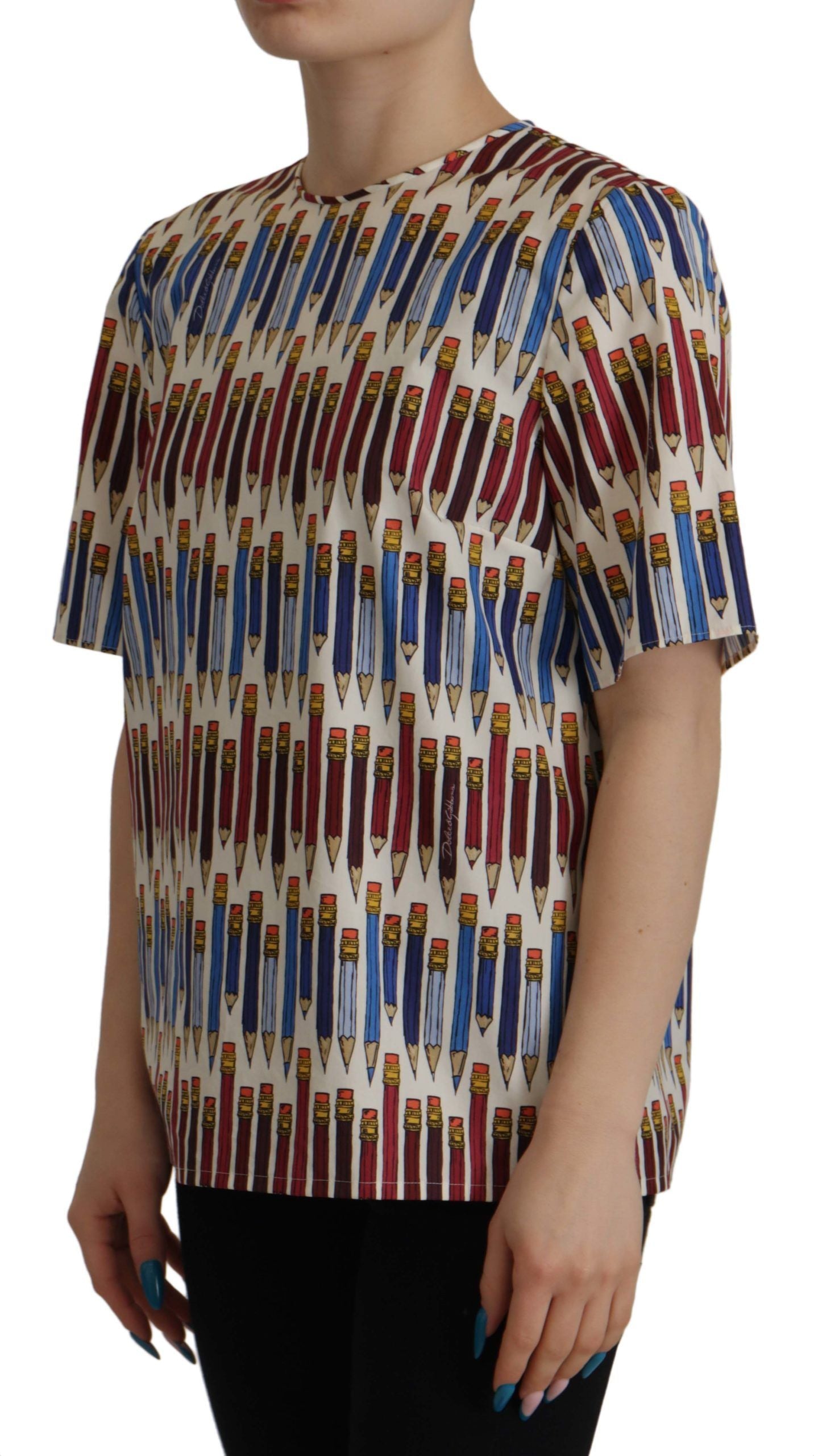 Dolce & Gabbana Chic White Pencil Print Short Sleeve Blouse LUNESCAPE