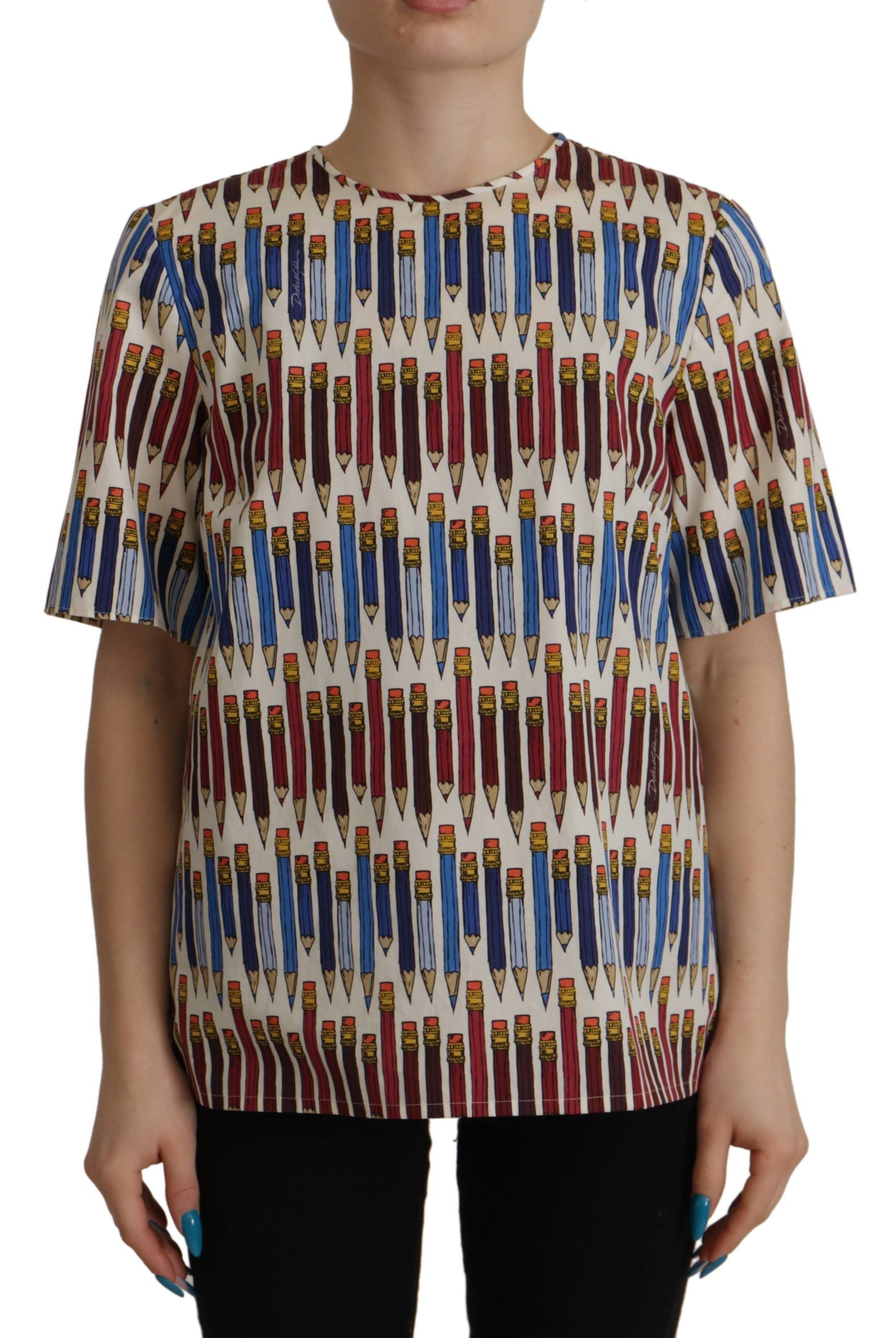 Dolce & Gabbana Chic White Pencil Print Short Sleeve Blouse LUNESCAPE