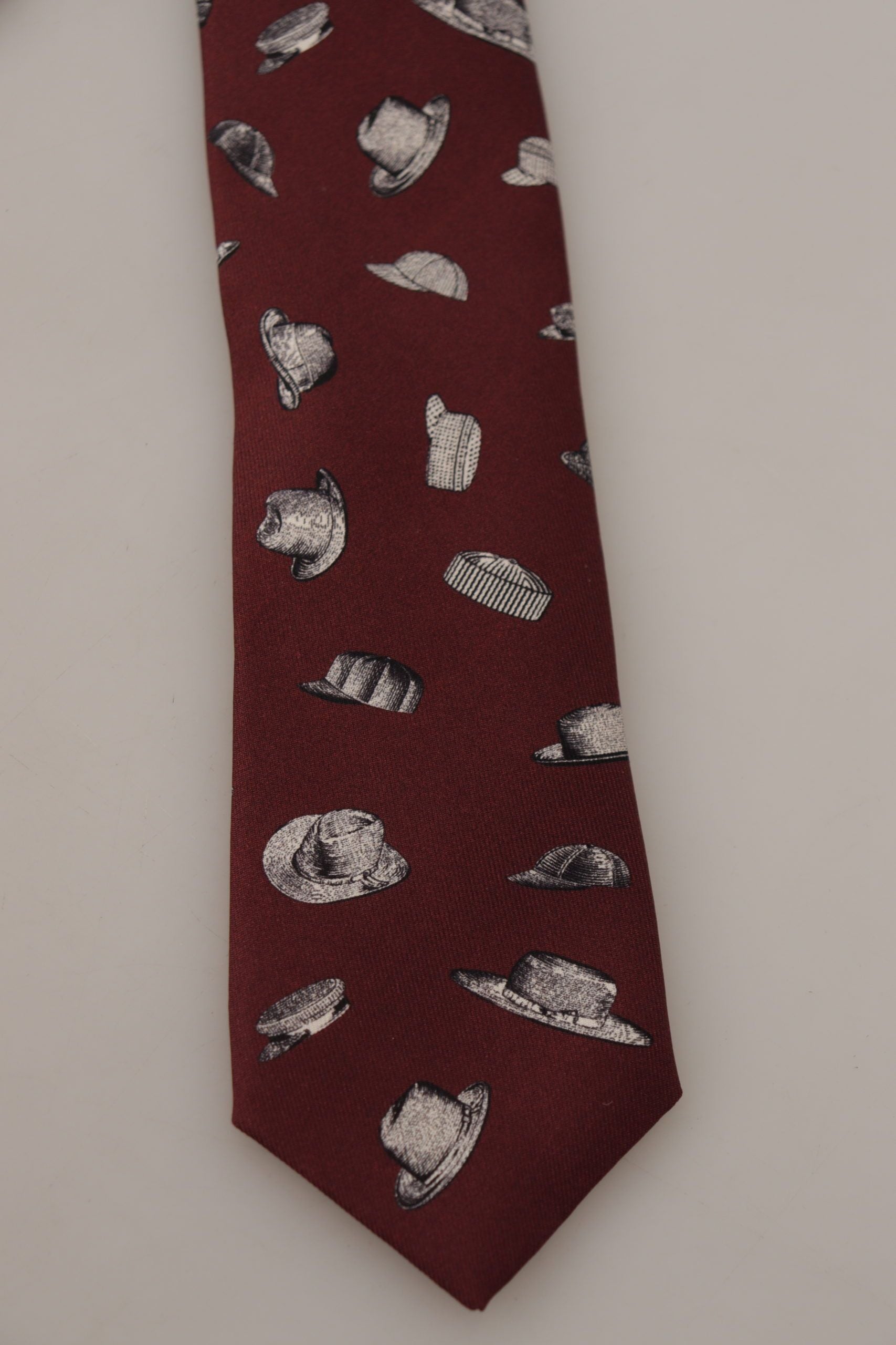 Dolce & Gabbana Maroon Hat Pattern 100% Silk Tie