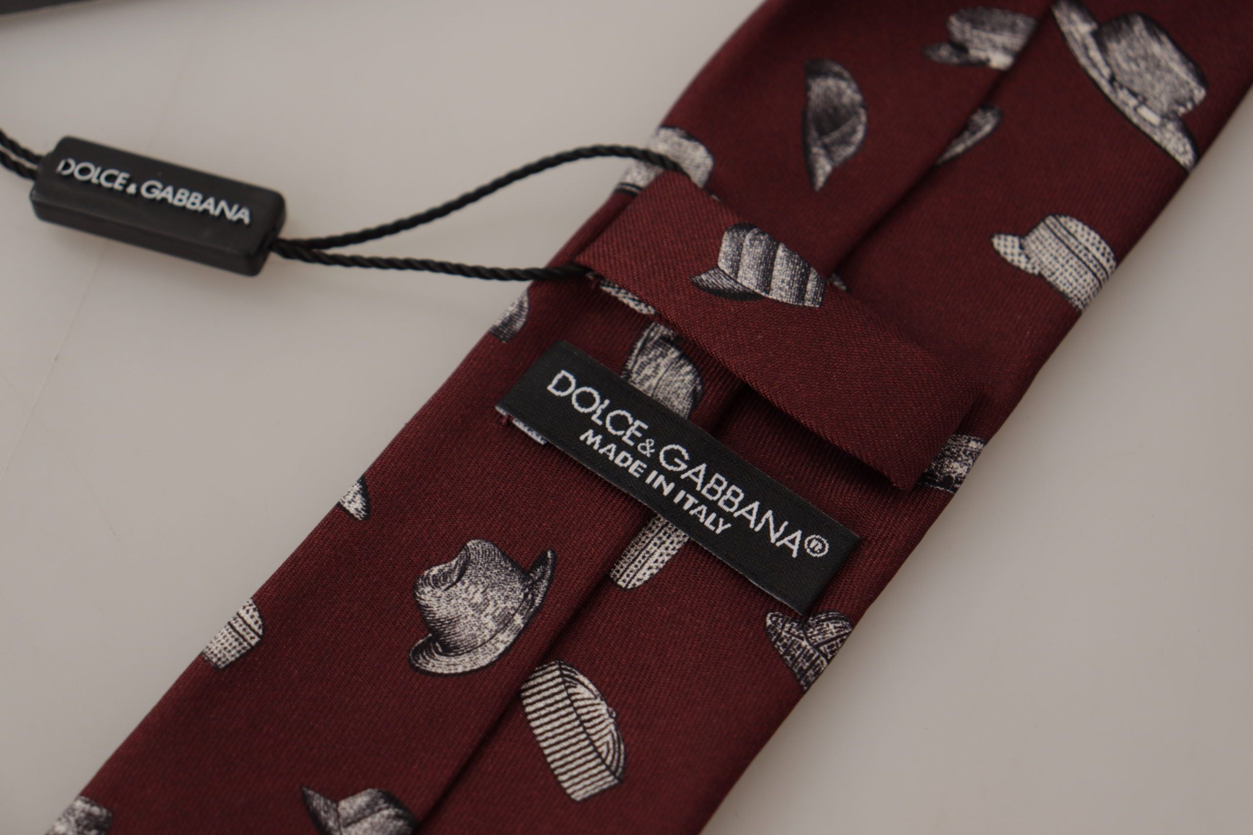 Dolce & Gabbana Maroon Hat Pattern 100% Silk Tie