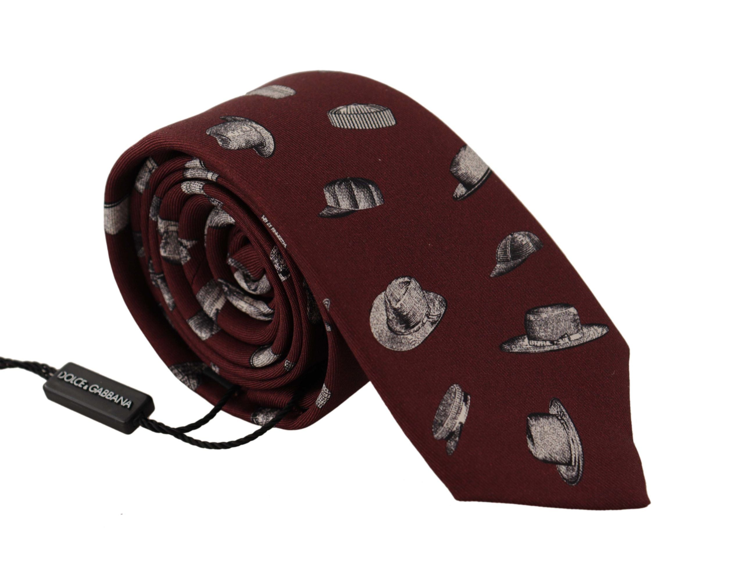 Dolce & Gabbana Maroon Hat Pattern 100% Silk Tie