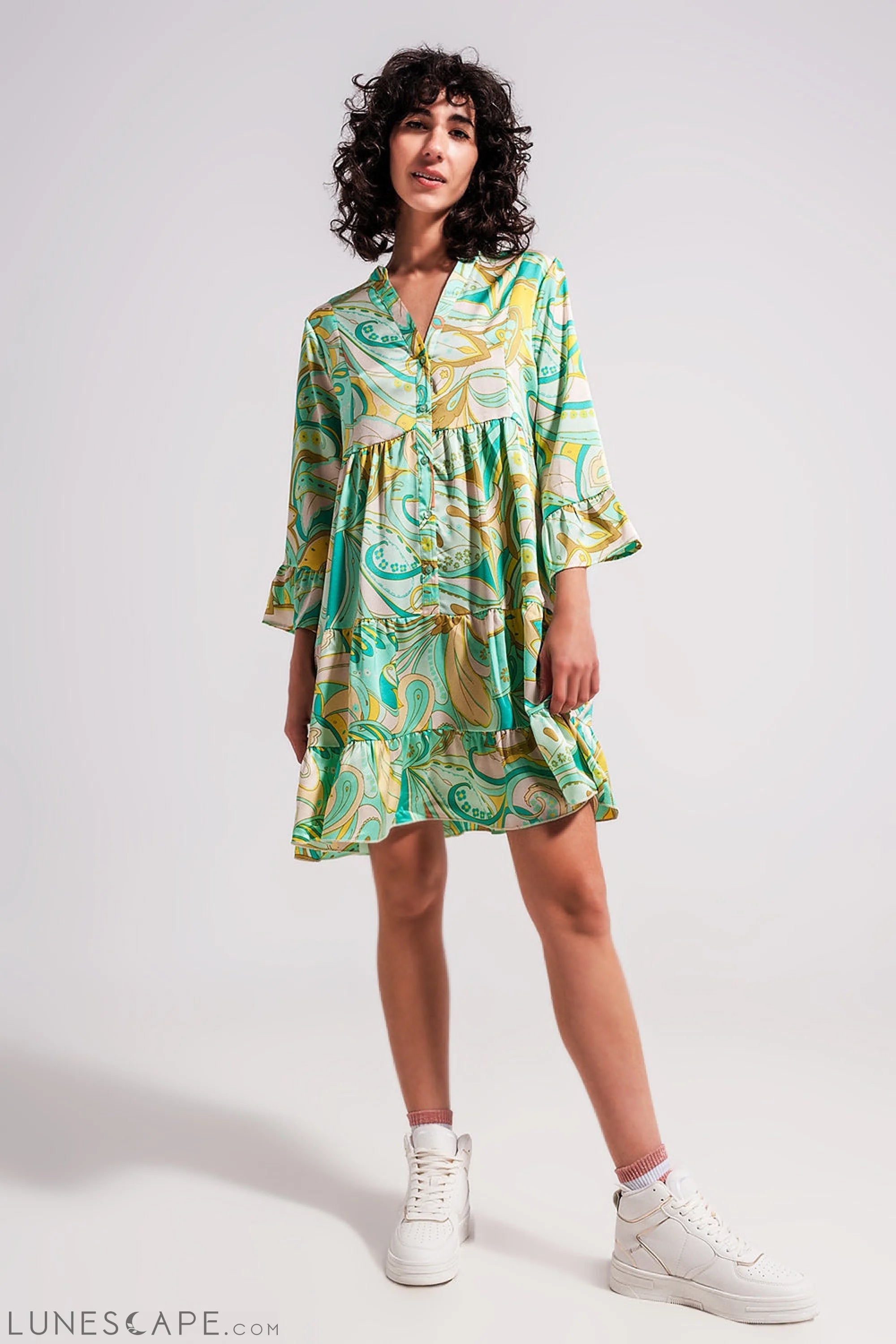 3/4 Sleeve Mini Dress in Green LUNESCAPE