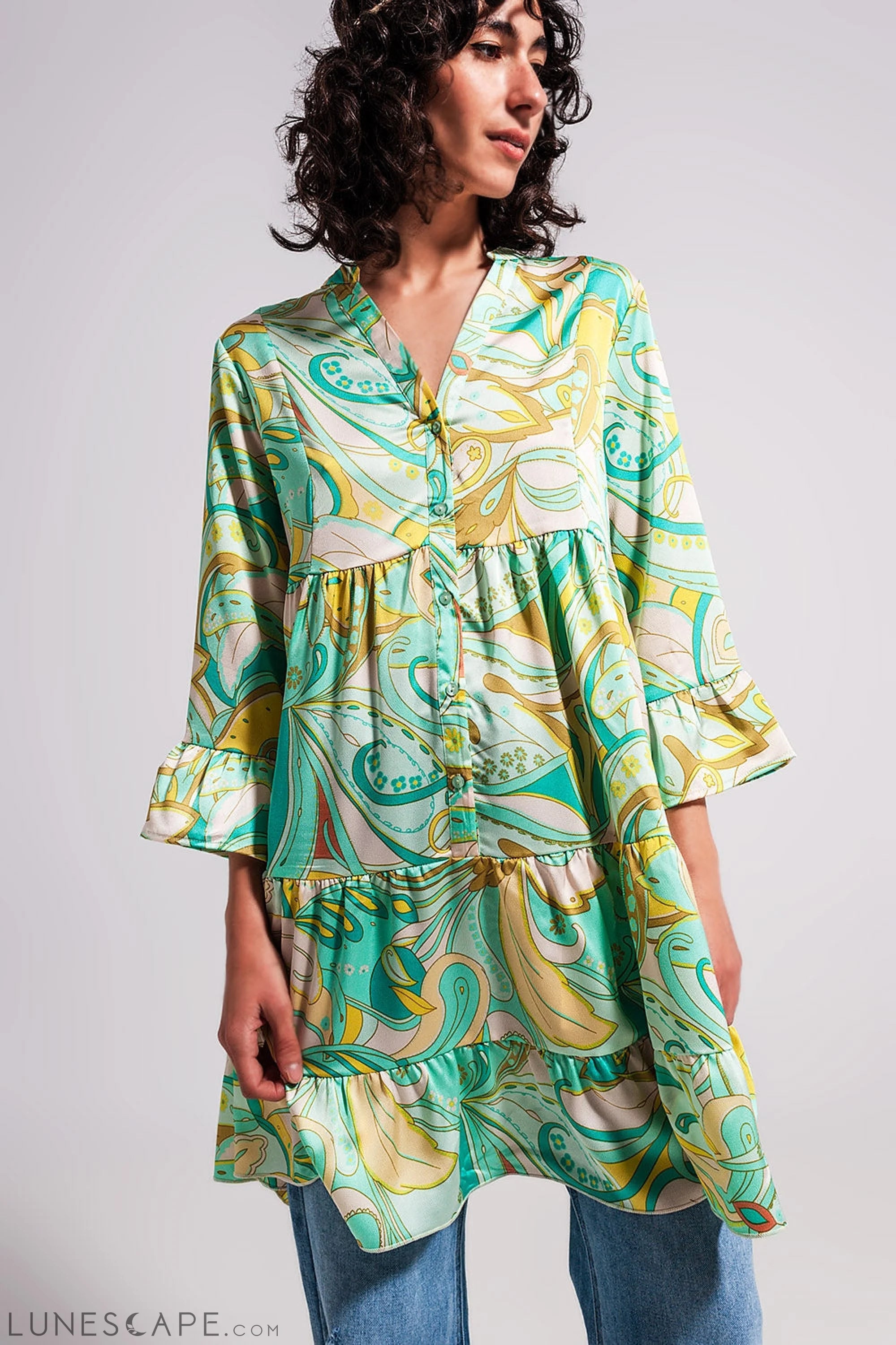 3/4 Sleeve Mini Dress in Green LUNESCAPE